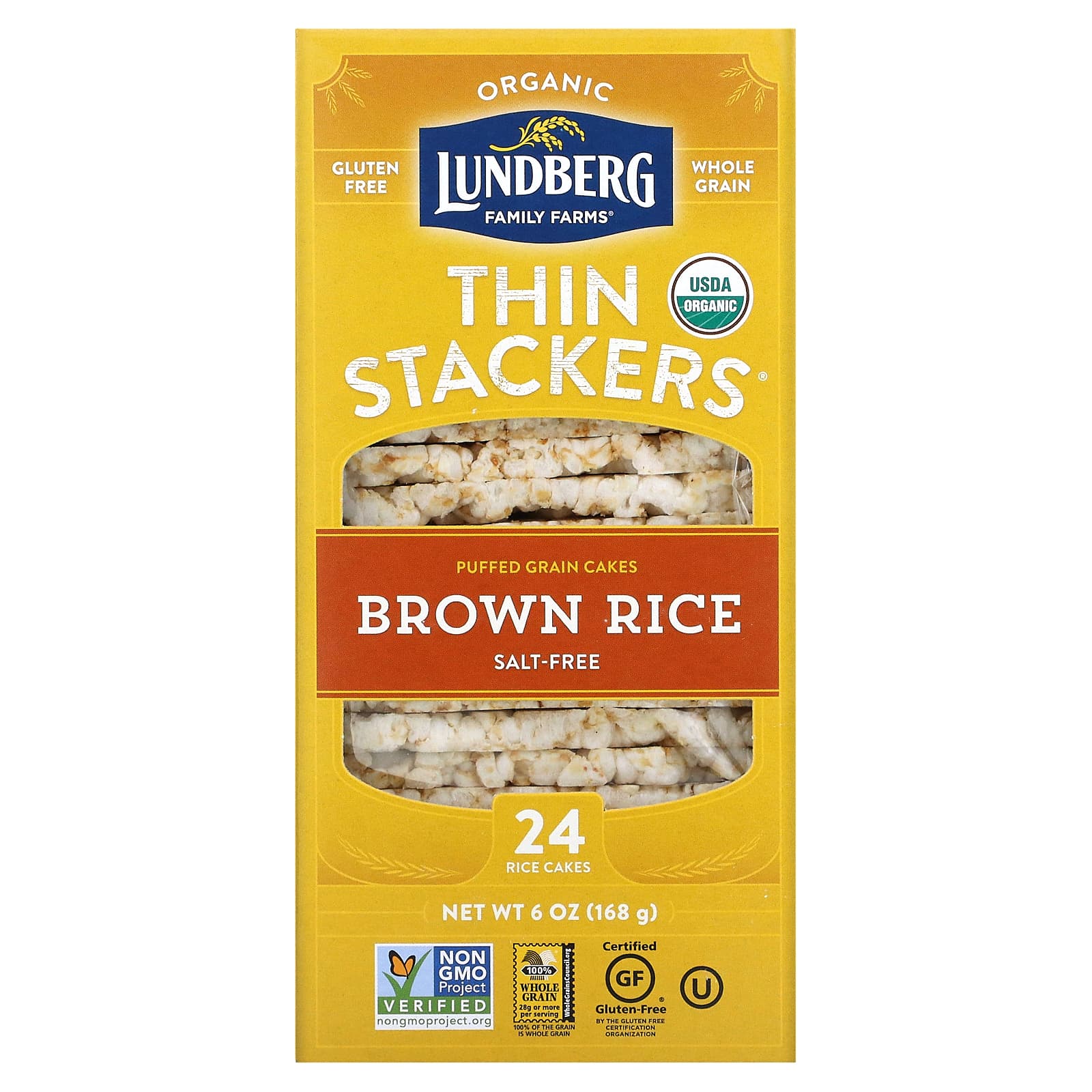 Lundberg-Organic Thin Stackers-Puffed Grain Cakes-Brown Rice-Salt-Free-24 Rice Cakes-6 oz (168 g)