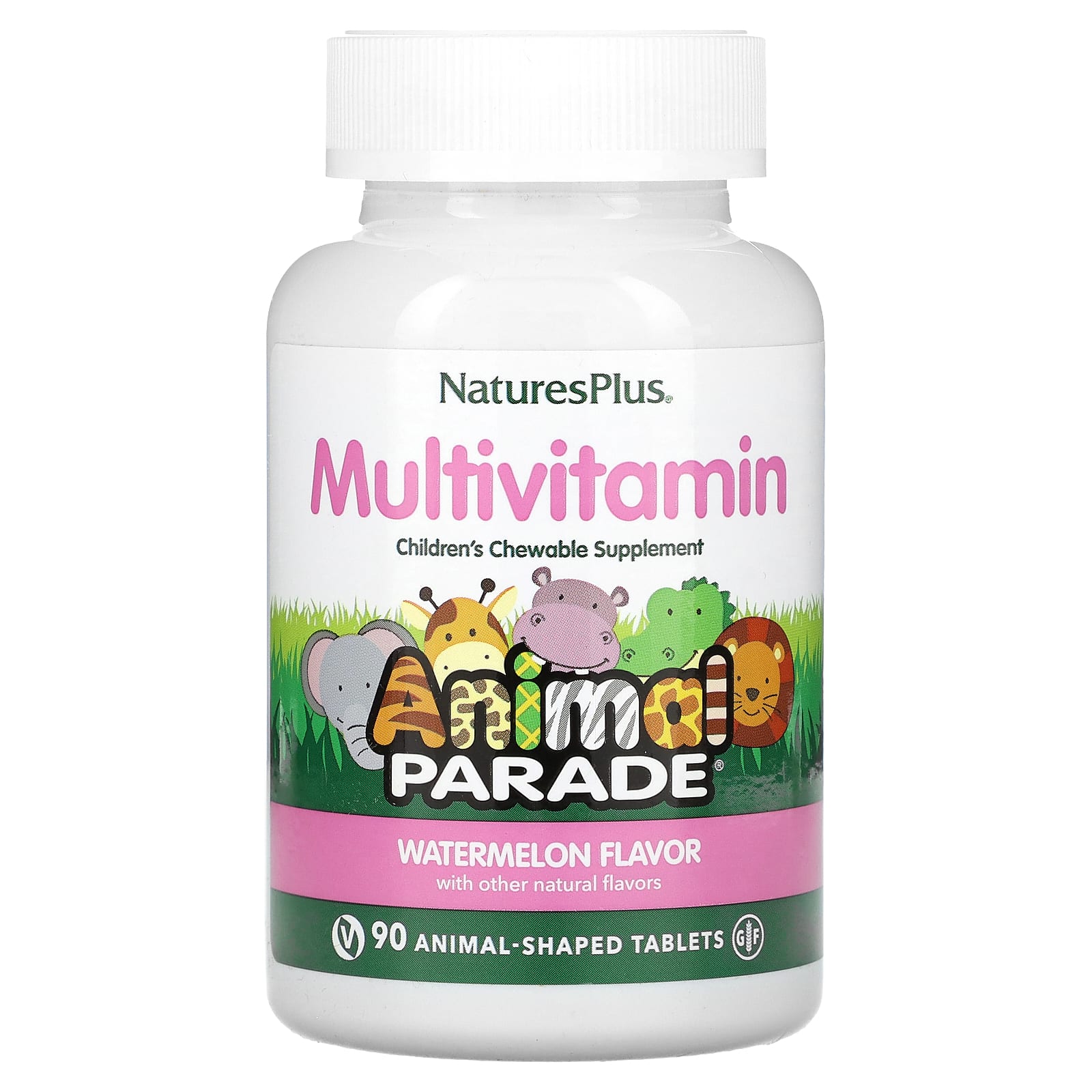 NaturesPlus-Animal Parade-Children's Chewable Multivitamin Supplement-Watermelon-90 Animal-Shaped Tablets