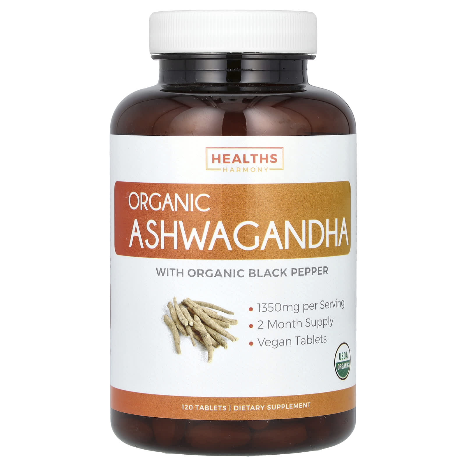 Healths Harmony-Organic Ashwagandha-1,350 mg-120 Tablets (675 mg per Tablet)