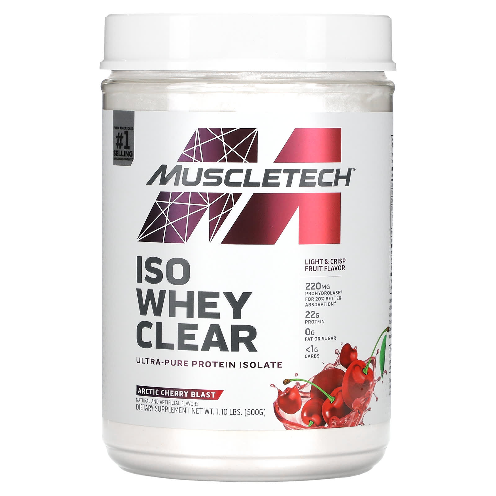 MuscleTech-ISO Whey Clear-Ultra-Pure Protein Isolate-Arctic Cherry Blast-1.1 lbs (500 g)