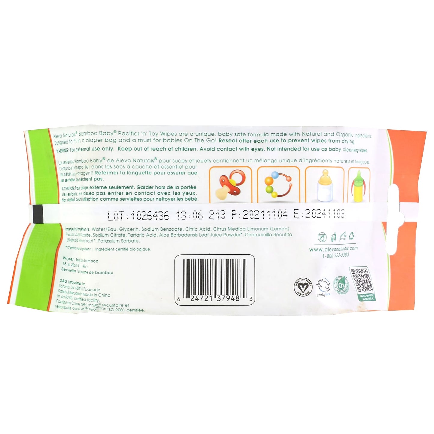 Aleva Naturals, Bamboo Baby, Pacifier 'n' Toy Wipes, 30 Wipes