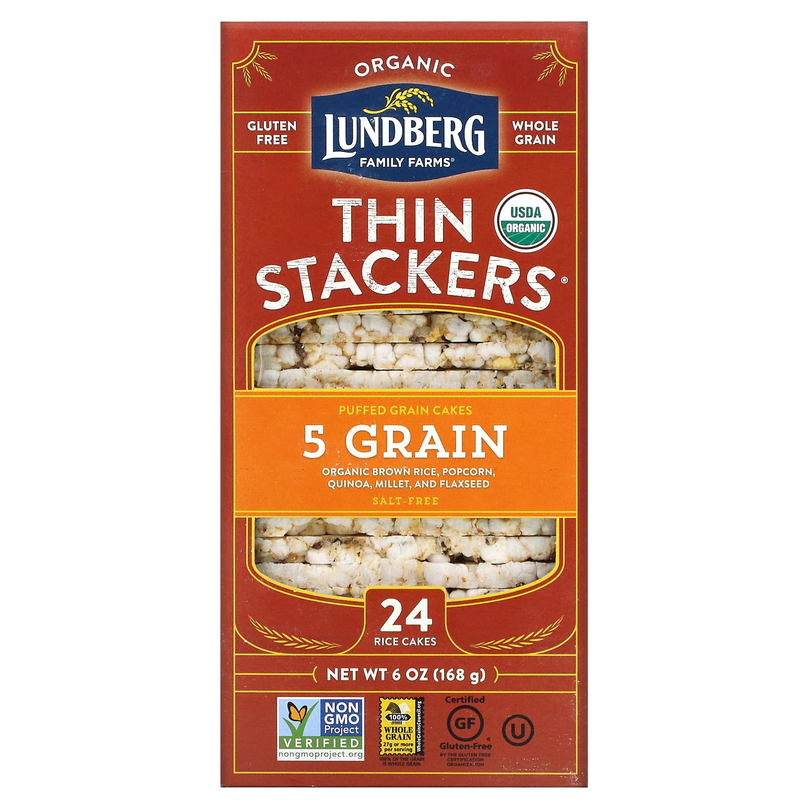 Lundberg-Organic Thin Stackers-Puffed Grain Cakes-5 Grain-Salt-Free-24 Rice Cakes-6 oz (168 g)