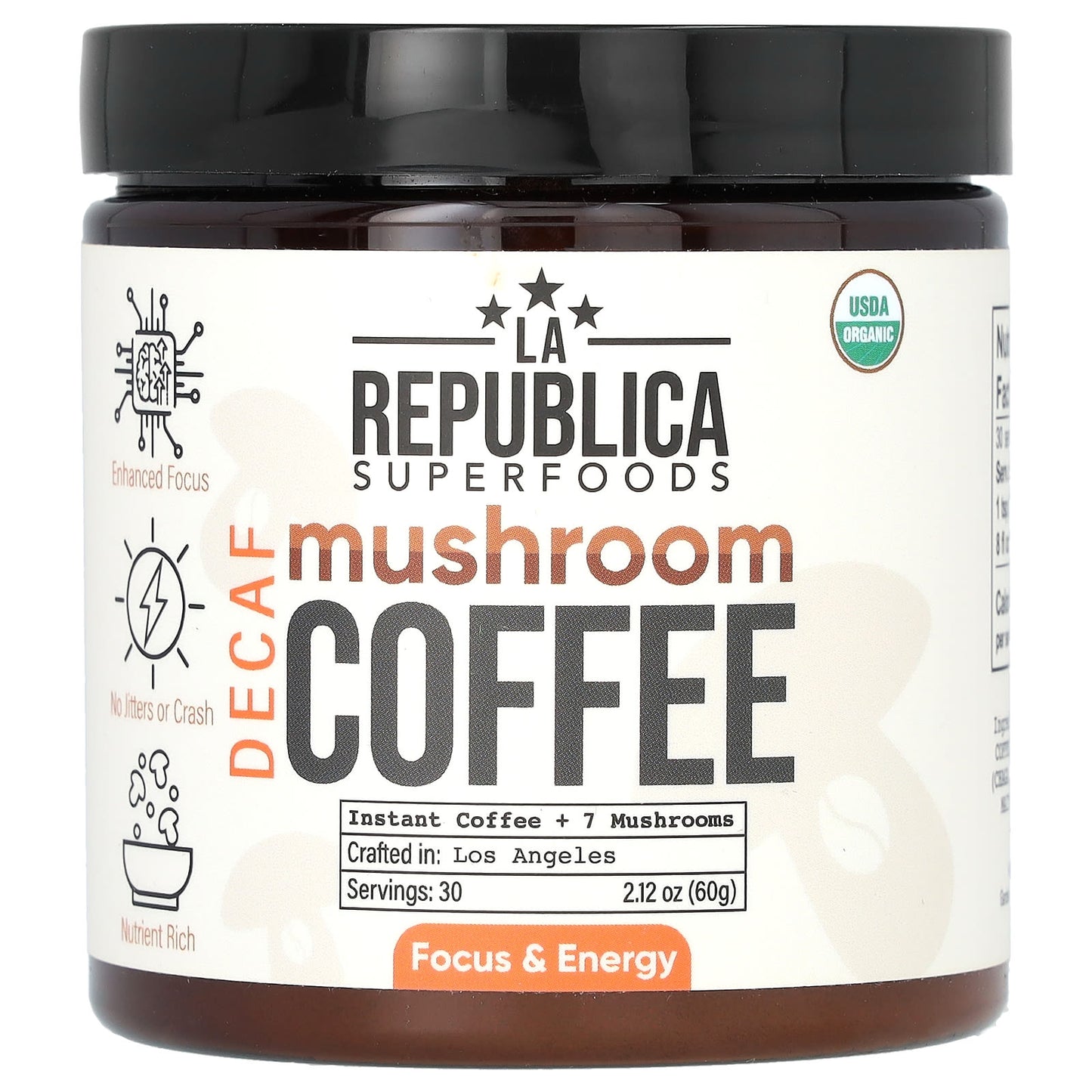 LA Republica-Mushroom Coffee-Instant Coffee + 7 Mushrooms-Decaf-2.12 oz (60 g)