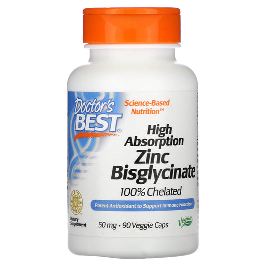 Doctor's Best-High Absorption Zinc Bisglycinate-100% Chelated-50 mg-90 Veggie Caps