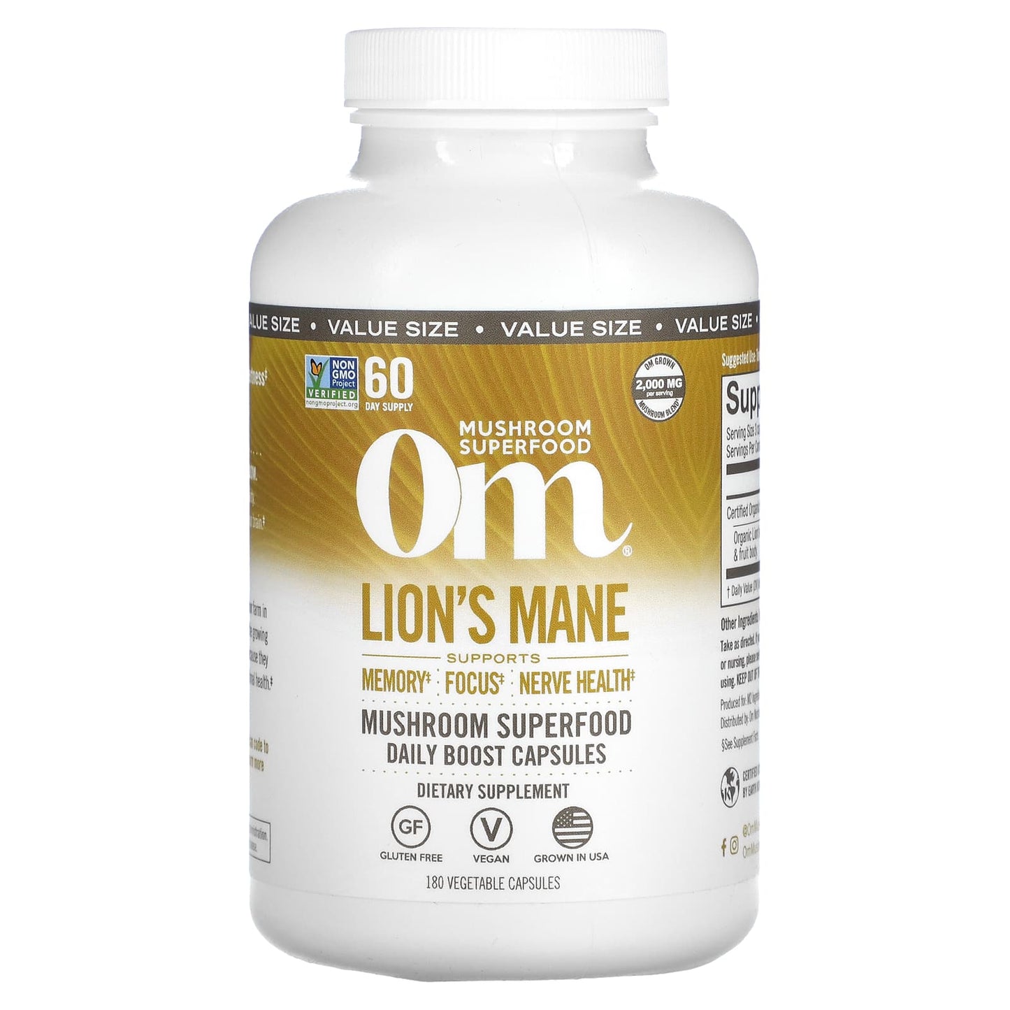 Om Mushrooms-Lion's Mane Mushroom Superfood-2,000 mg-180 Vegetable Capsules (667 mg per Capsule )