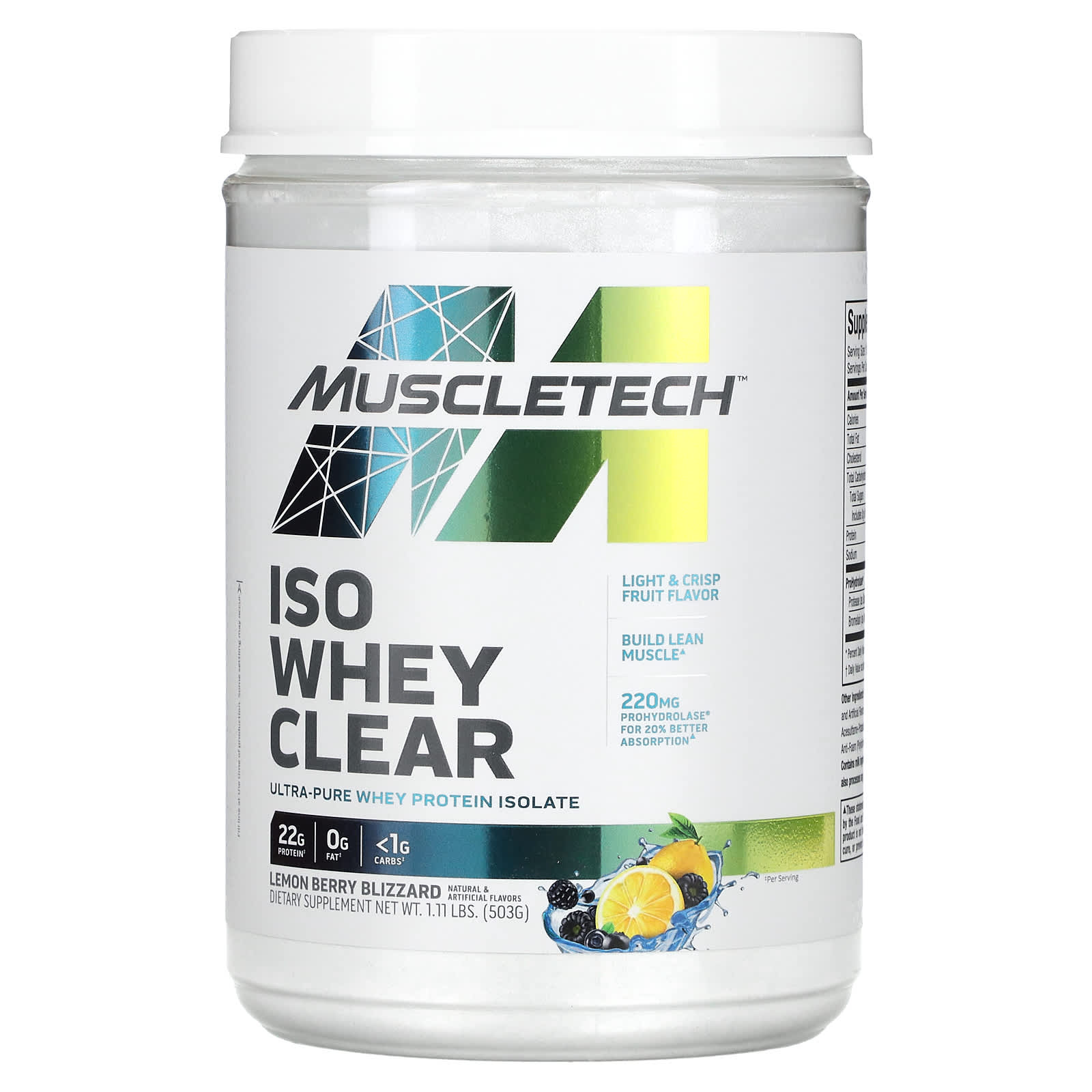 MuscleTech-ISO Whey Clear-Ultra-Pure Protein Isolate-Lemon Berry Blizzard-1.11 lbs (503 g)