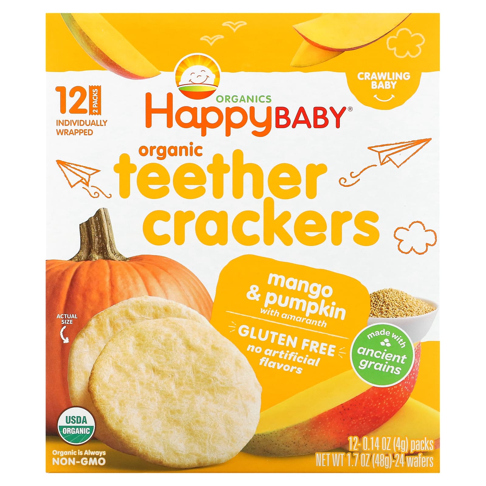 Happy Family Organics-Organic Teether Crackers-Mango & Pumpkin with Amaranth-12 Packs-0.14 oz (4 g) Each