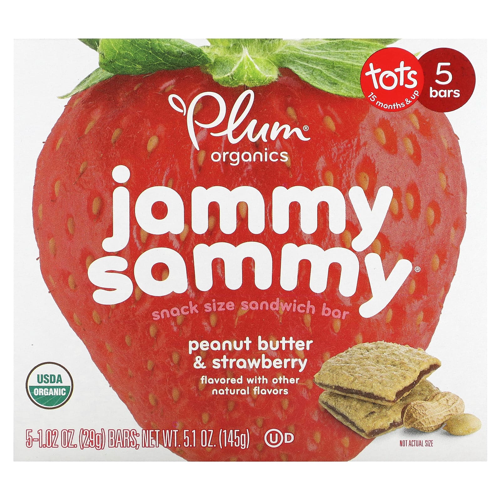 Plum Organics-Jammy Sammy-Snack Size Sandwich Bar-15 Months & Up-Peanut Butter & Strawberry-5 Bars-1.02 oz (29 g) Each