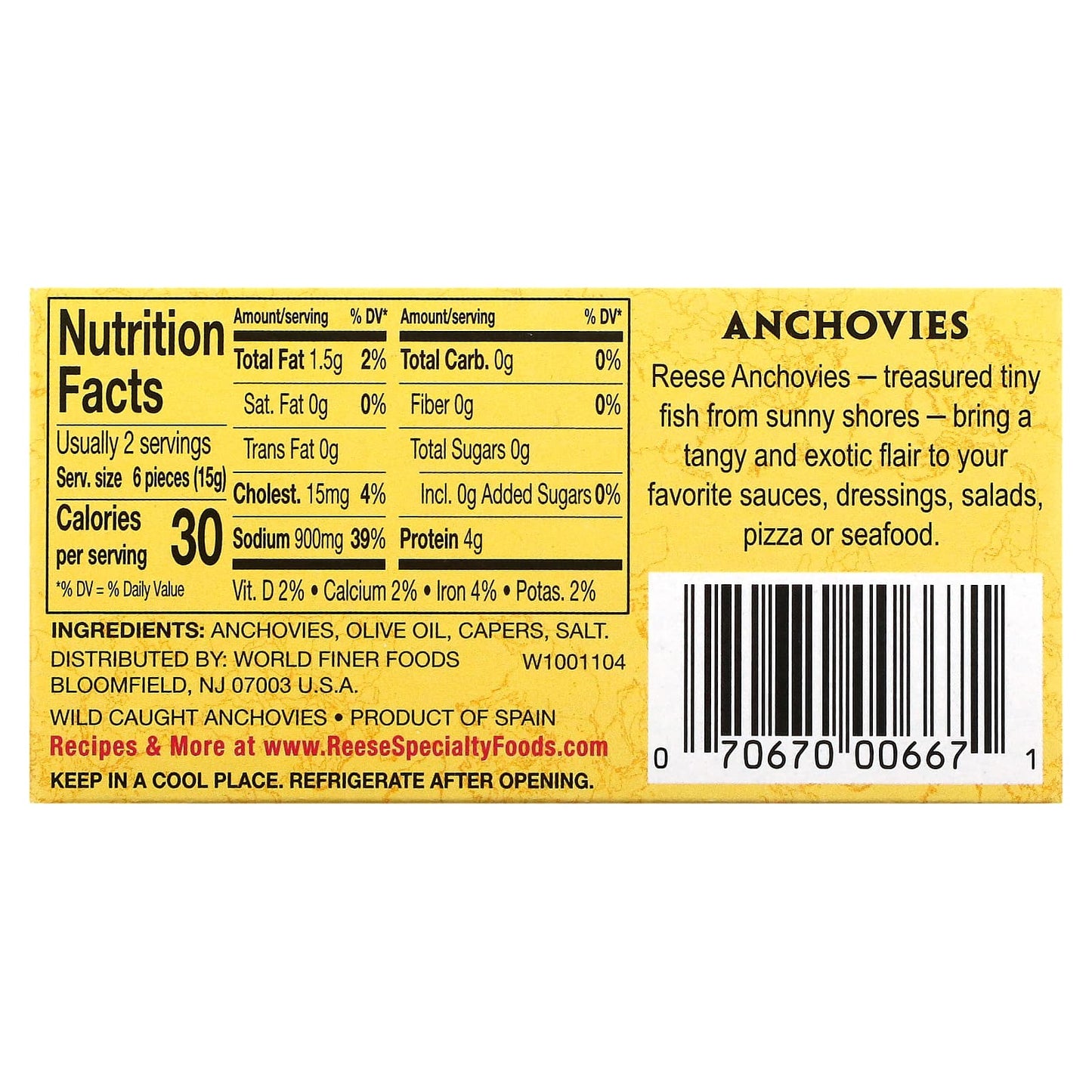 Reese, Rolled Fillets of Anchovies, 2 oz (56 g)