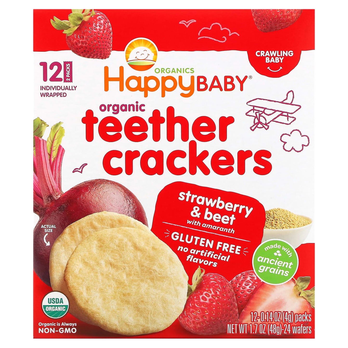 Happy Family Organics-Organic Teether Crackers-Strawberry & Beet with Amaranth-12 Packs-0.14 oz (4 g) Each