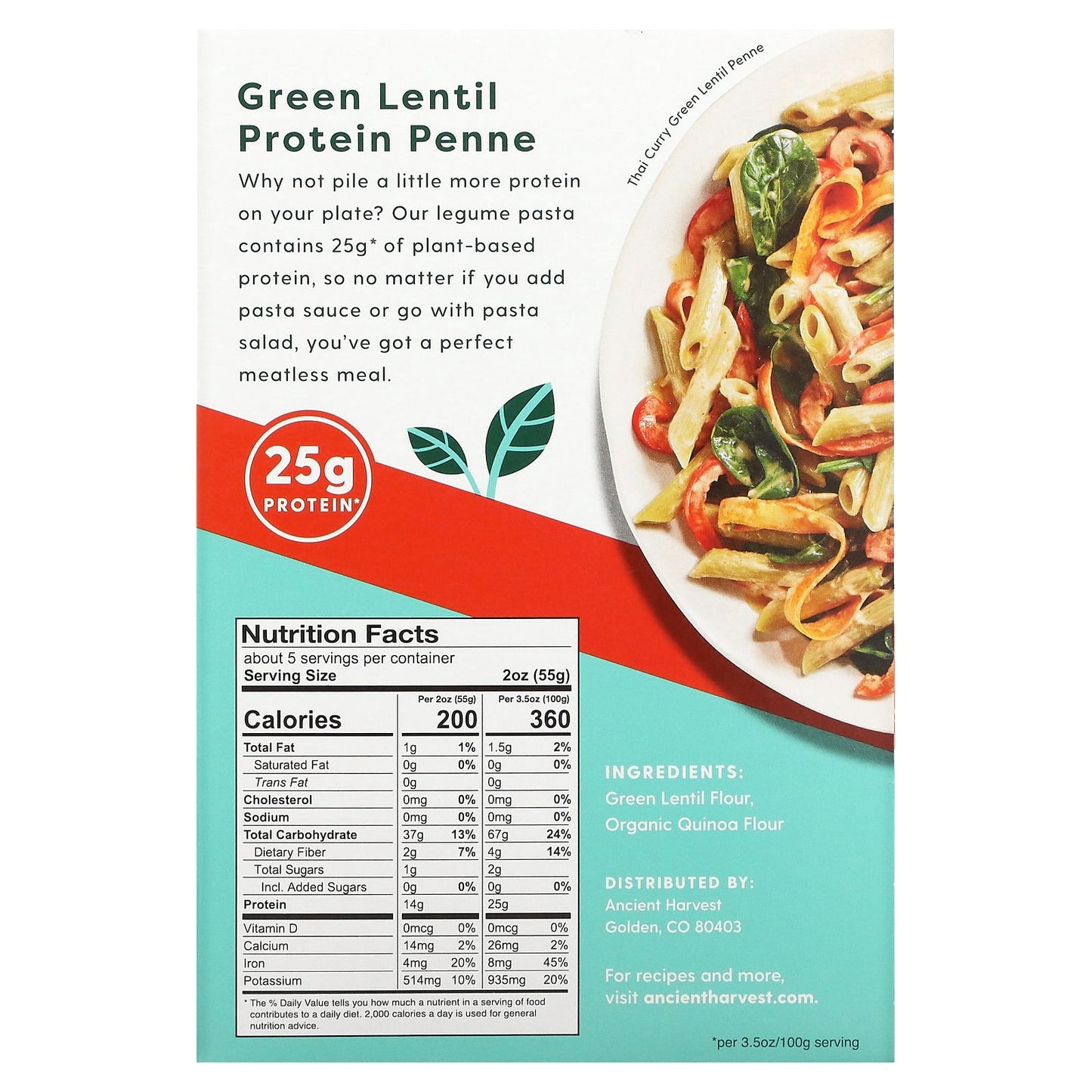 Ancient Harvest, Plant Based Protein Pasta, Green Lentil Penne, 9.6 oz (272 g)