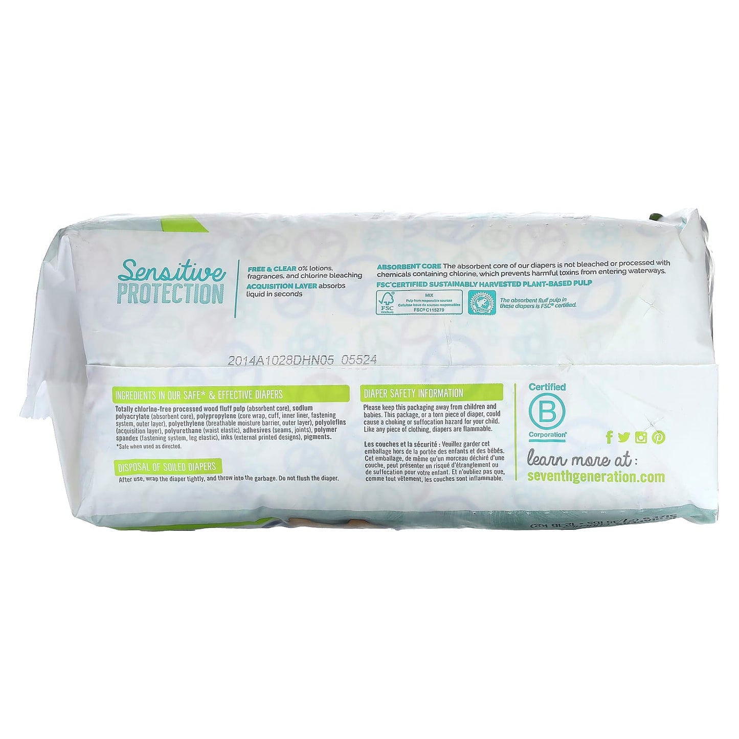 Seventh Generation, Sensitive Protection Diapers, Size 5, 27 - 35 lbs, 19 Diapers