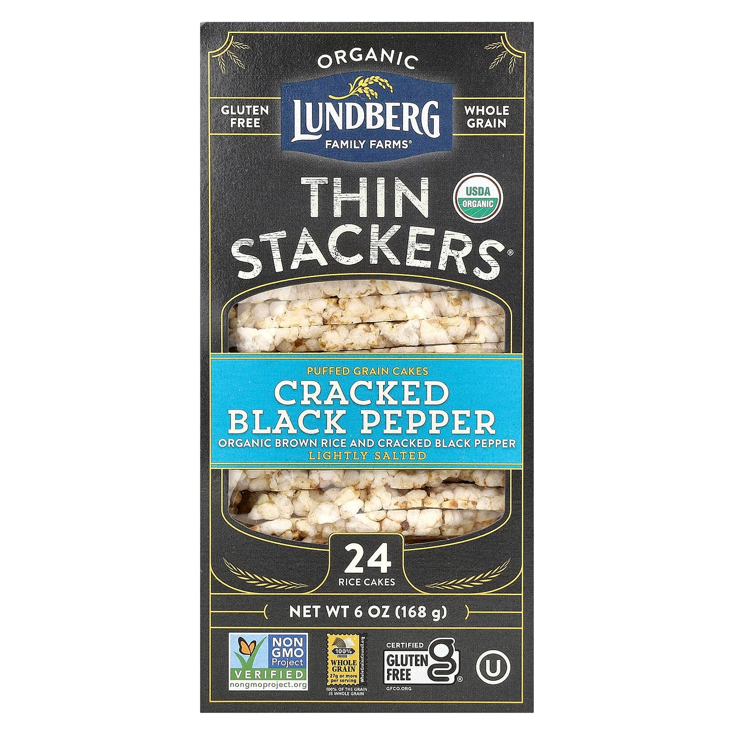 Lundberg-Organic Thin Stackers-Puffed Grain Cakes-Cracked Black Pepper-Lightly Salted-24 Rice Cakes-6 oz (168 g)