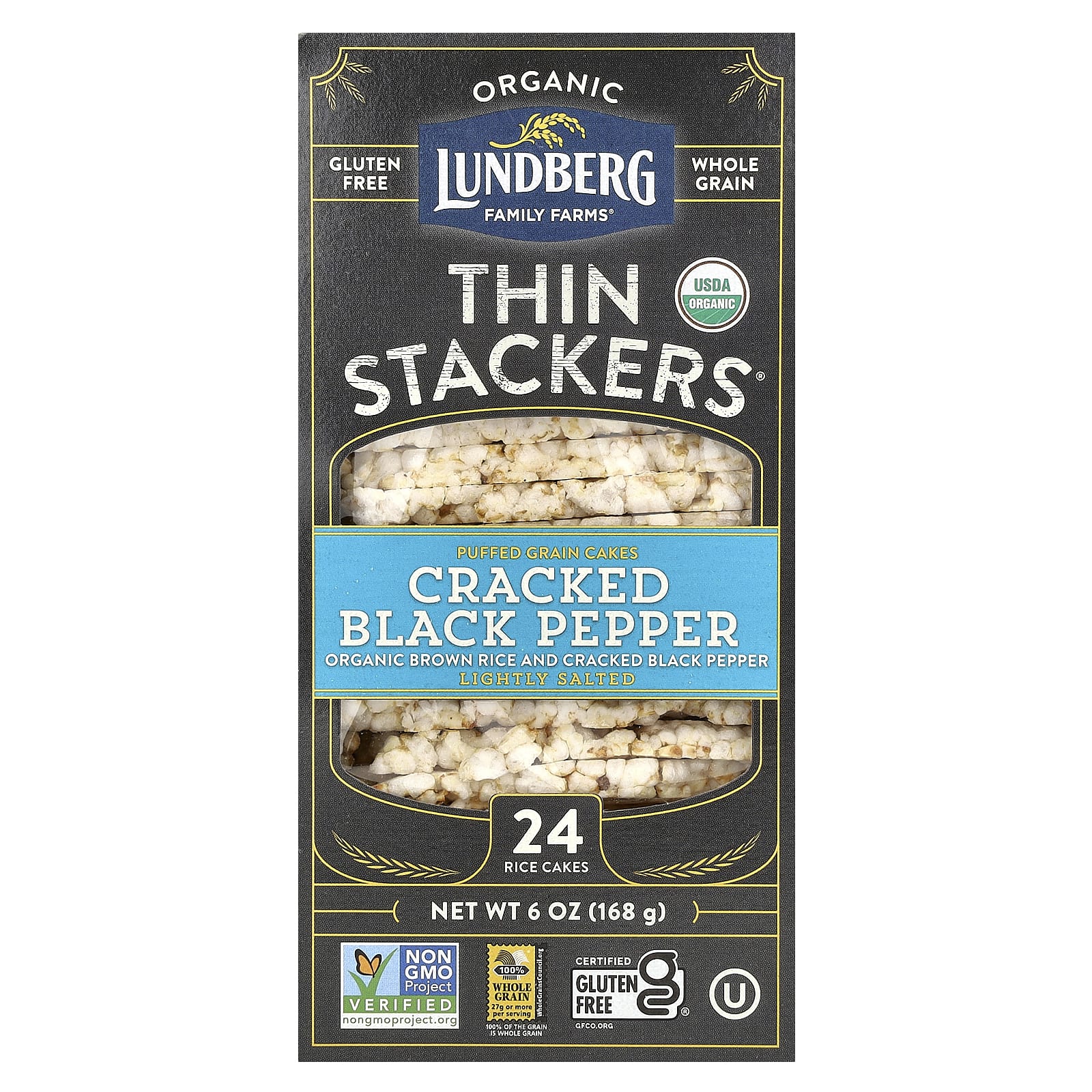 Lundberg-Organic Thin Stackers-Puffed Grain Cakes-Cracked Black Pepper-Lightly Salted-24 Rice Cakes-6 oz (168 g)