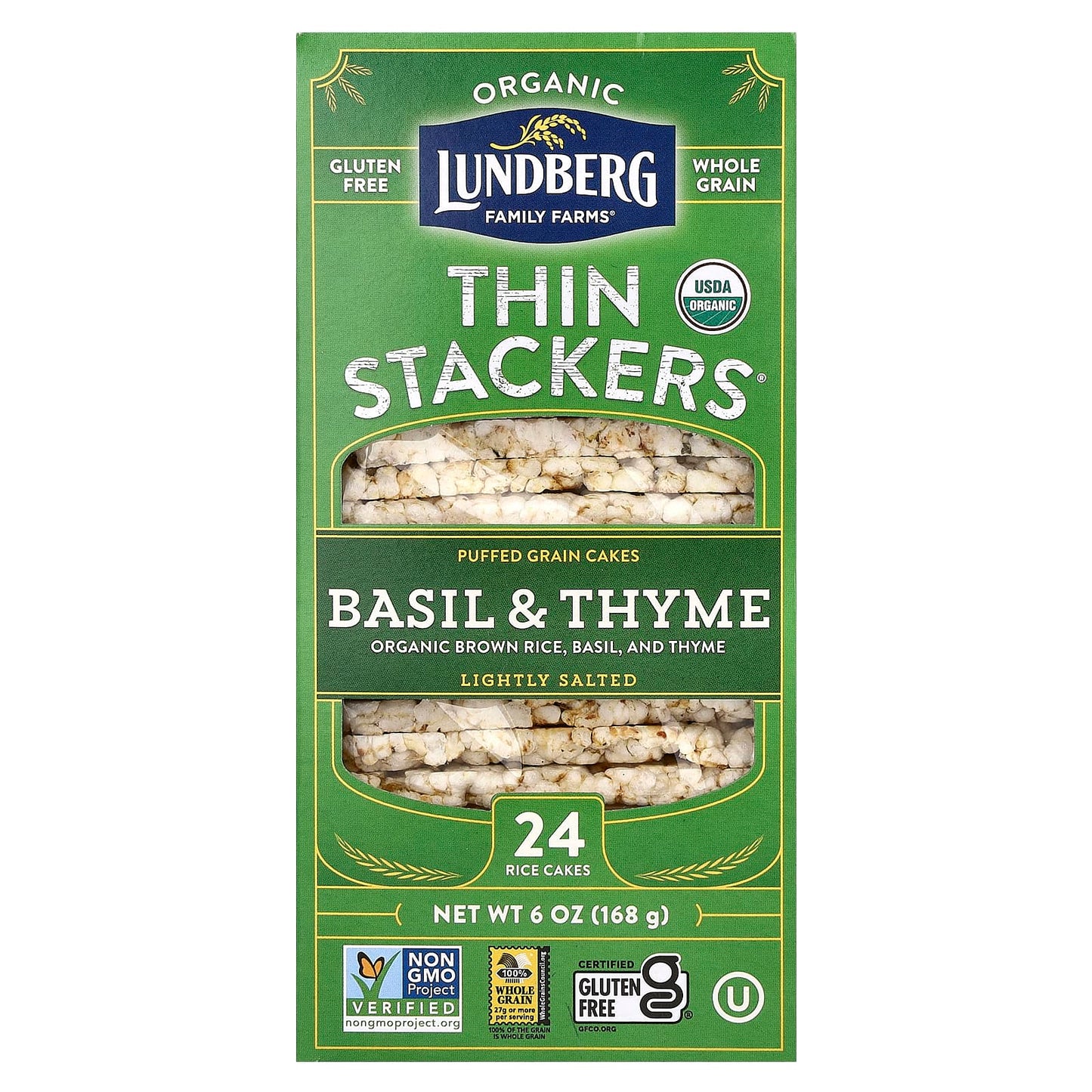 Lundberg-Organic Thin Stackers-Puffed Grain Cakes-Basil & Thyme-Lightly Salted-24 Rice Cakes-6 oz (168 g)