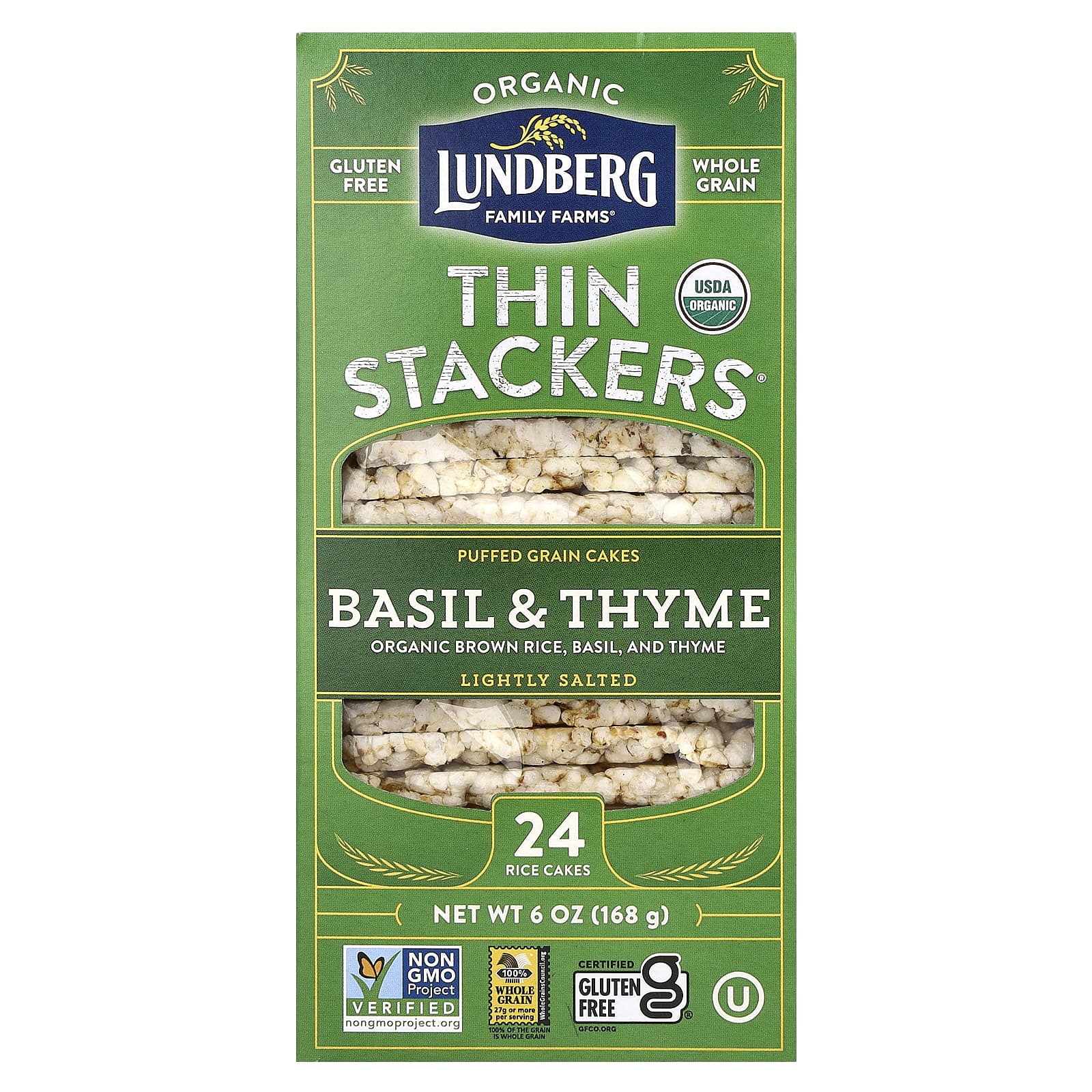 Lundberg-Organic Thin Stackers-Puffed Grain Cakes-Basil & Thyme-Lightly Salted-24 Rice Cakes-6 oz (168 g)