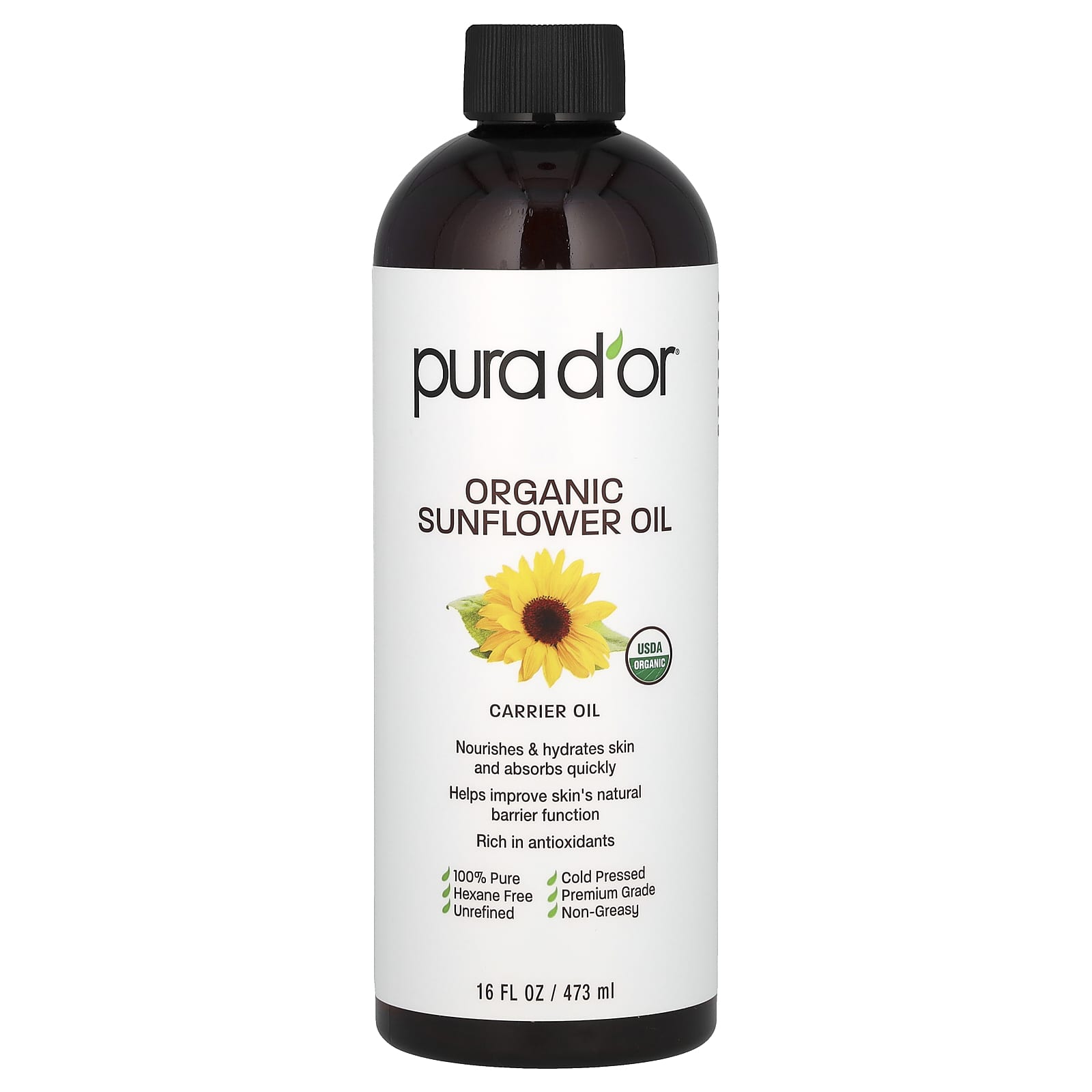 Pura D'or-Organic Sunflower Oil-16 fl oz (473 ml)