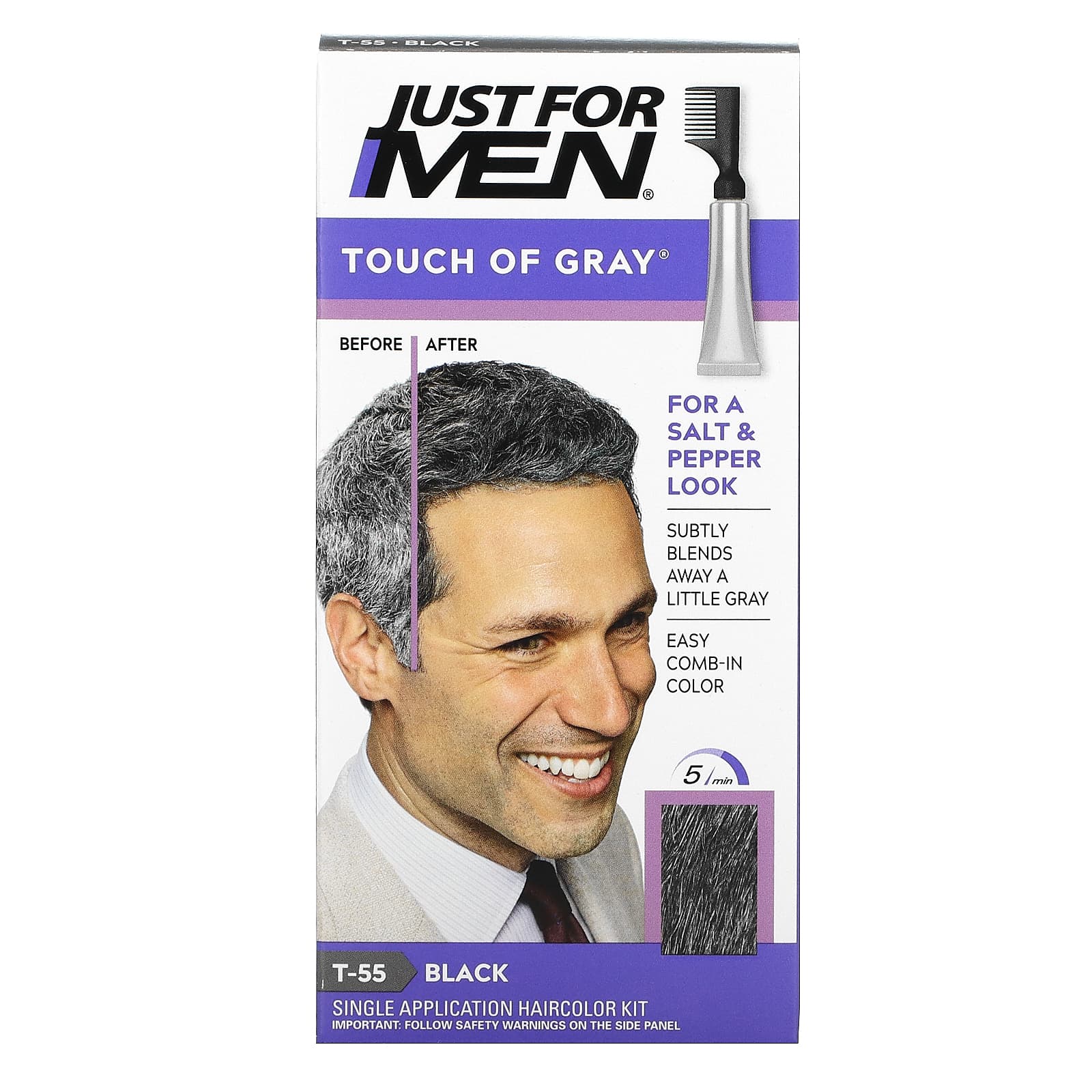 Just for Men-Touch of Gray-Comb-In Hair Color-Black T-55-Single Application Haircolor Kit