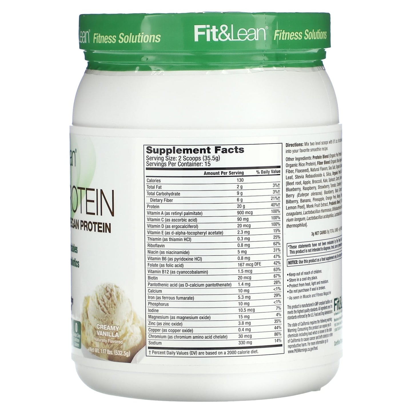 Fit & Lean, Plant Protein, Creamy Vanilla, 1.17 lbs (532.5 g)