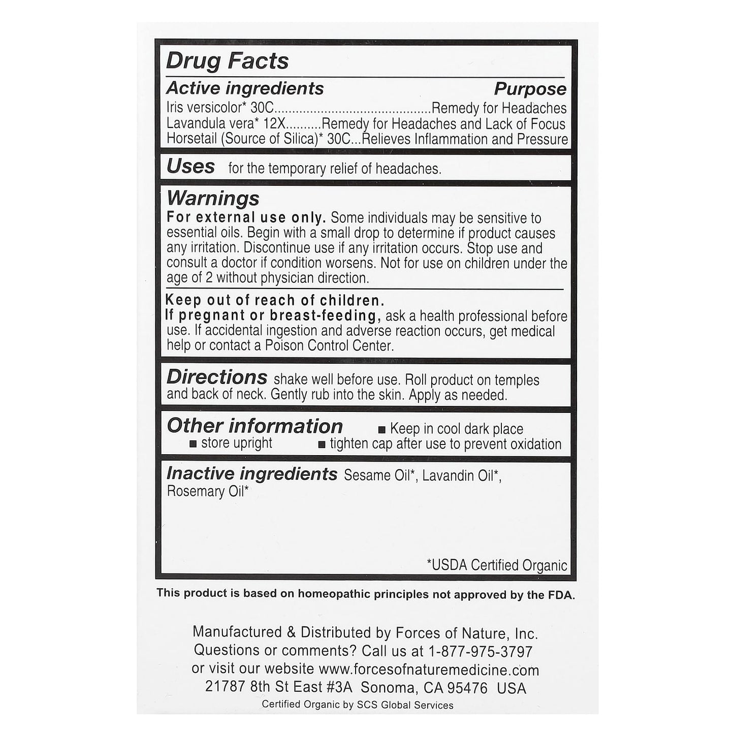 Forces of Nature, Headache Roll-On, Organic Plant Medicine, 0.14 oz (4 ml)