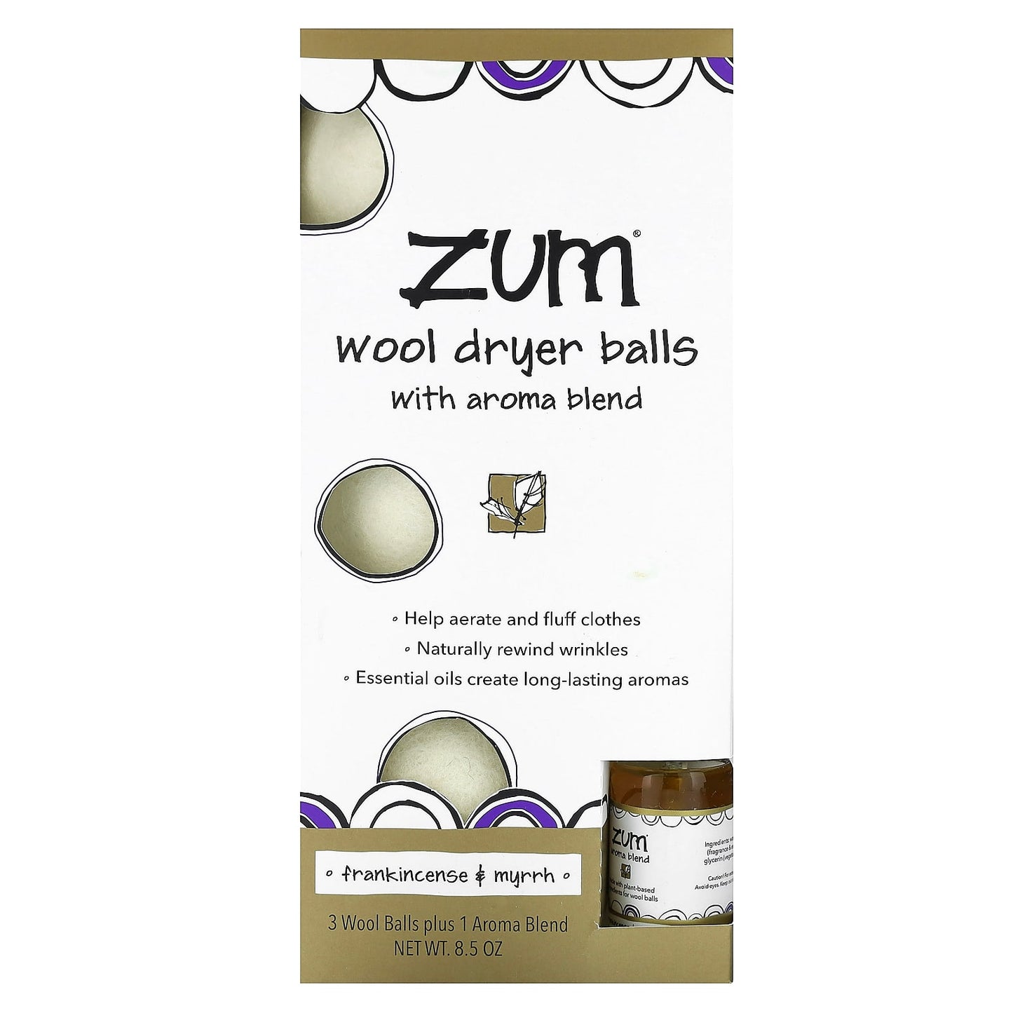 ZUM-Wool Dryer Balls with Aroma Blend-Frankincense & Myrrh-4 Pieces