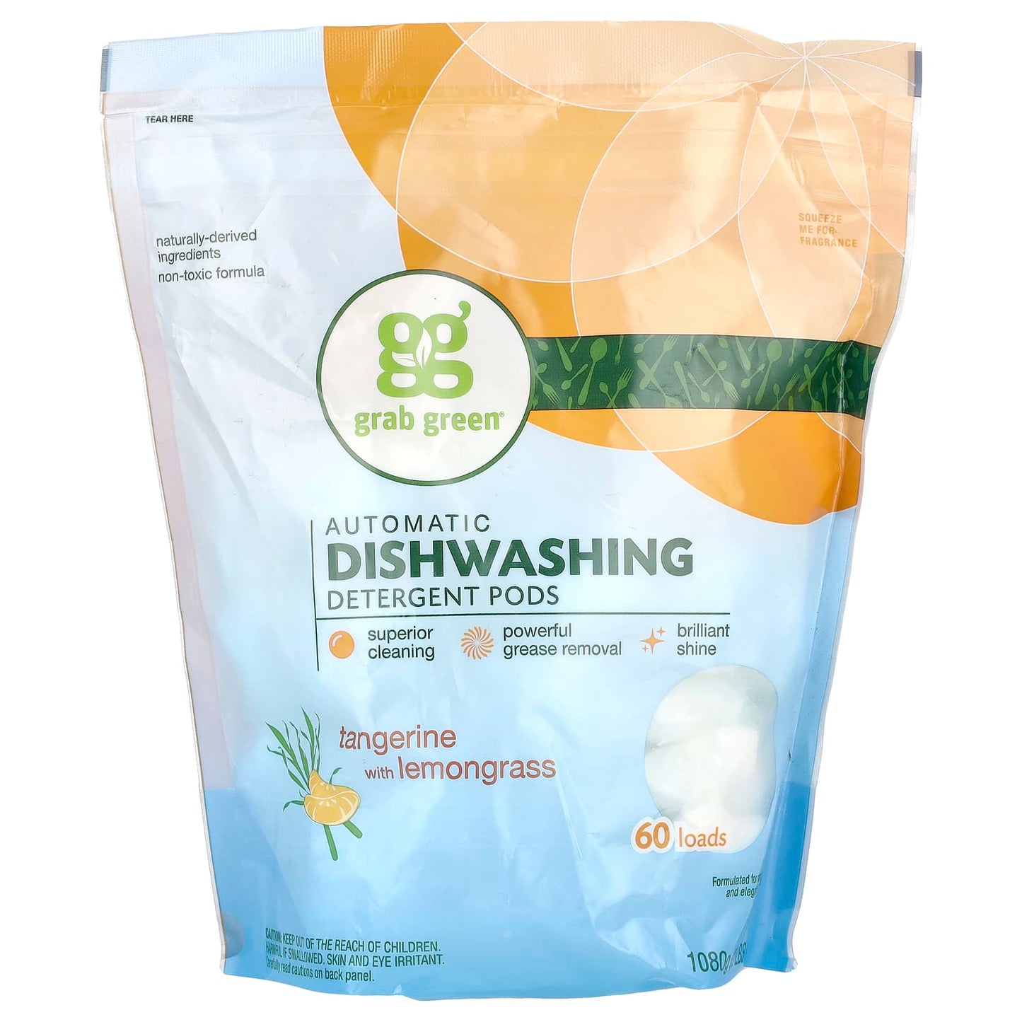Grab Green-Automatic Dishwashing Detergent Pods-Tangerine with Lemongrass-60 Loads-2 lbs 6 oz (1,080 g)