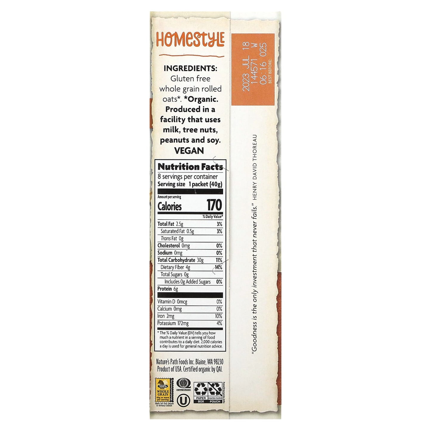 Nature's Path, Organic Instant Oatmeal, Homestyle,  8 Packets, 11.3 oz (320 g)