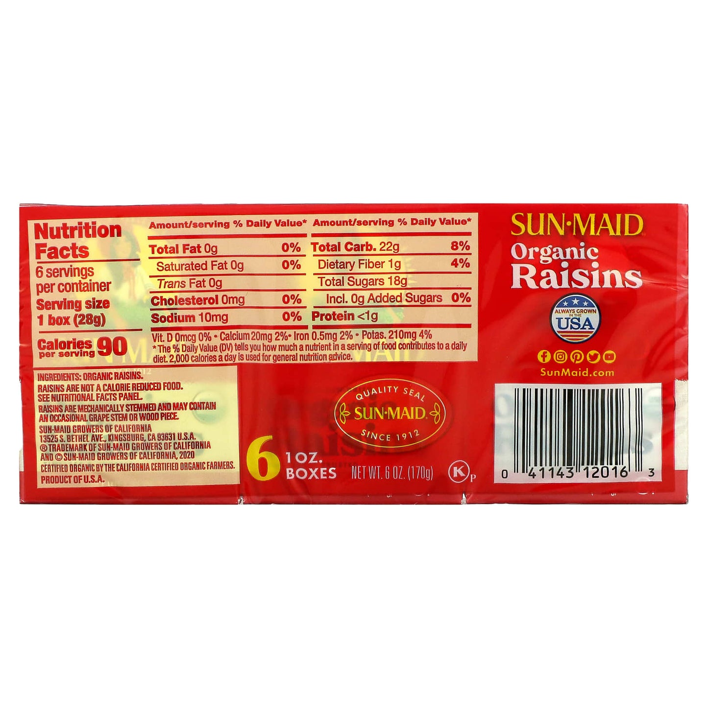 Sun-Maid, Organic California Sun-Dried Raisins, 6 Boxes, 1 oz (28.3 g) Each