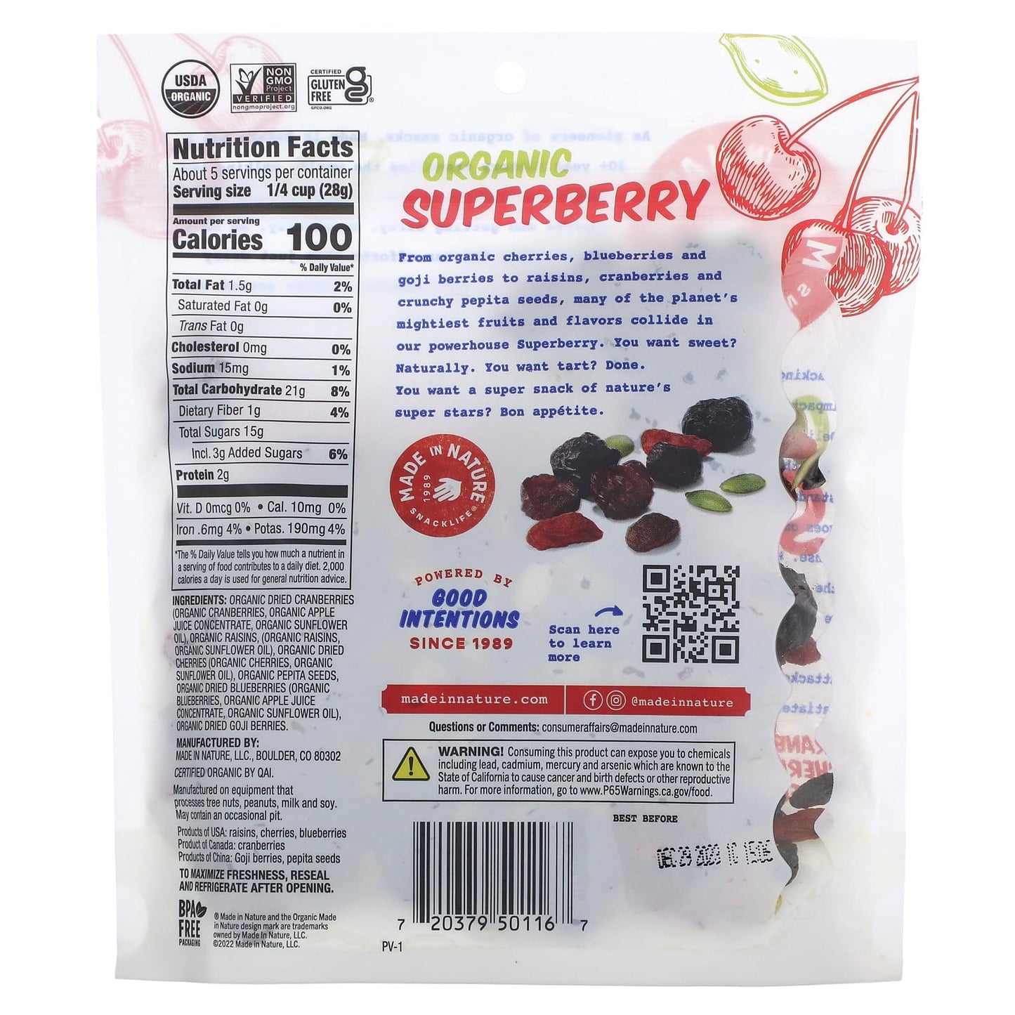 Made in Nature, Organic Superberry, Cranberries, Raisins, Cherries, Pepita Seeds, Blueberries & Goji Berries, 5 oz (142 g)