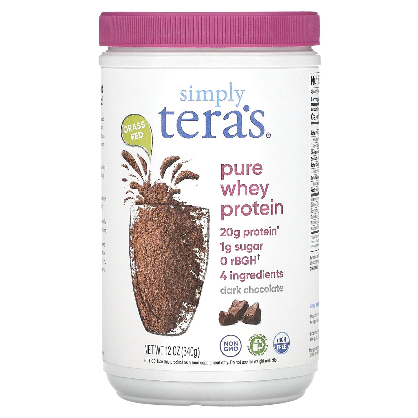 Simply Tera's-Grass Fed Pure Whey Protein-Dark Chocolate-12 oz (340 g)