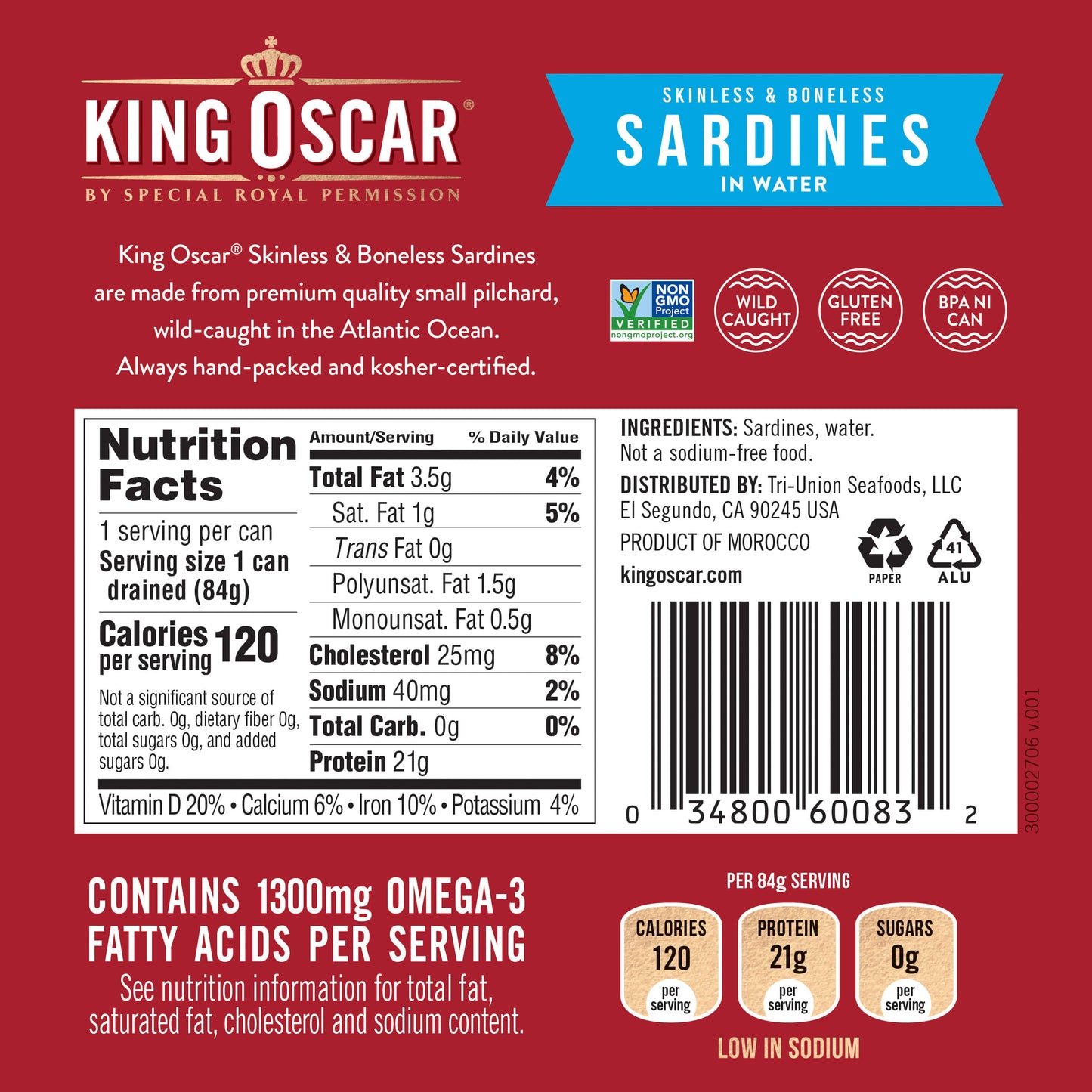 King Oscar, Skinless & Boneless Sardines in Water, 4.23 oz (120 g)