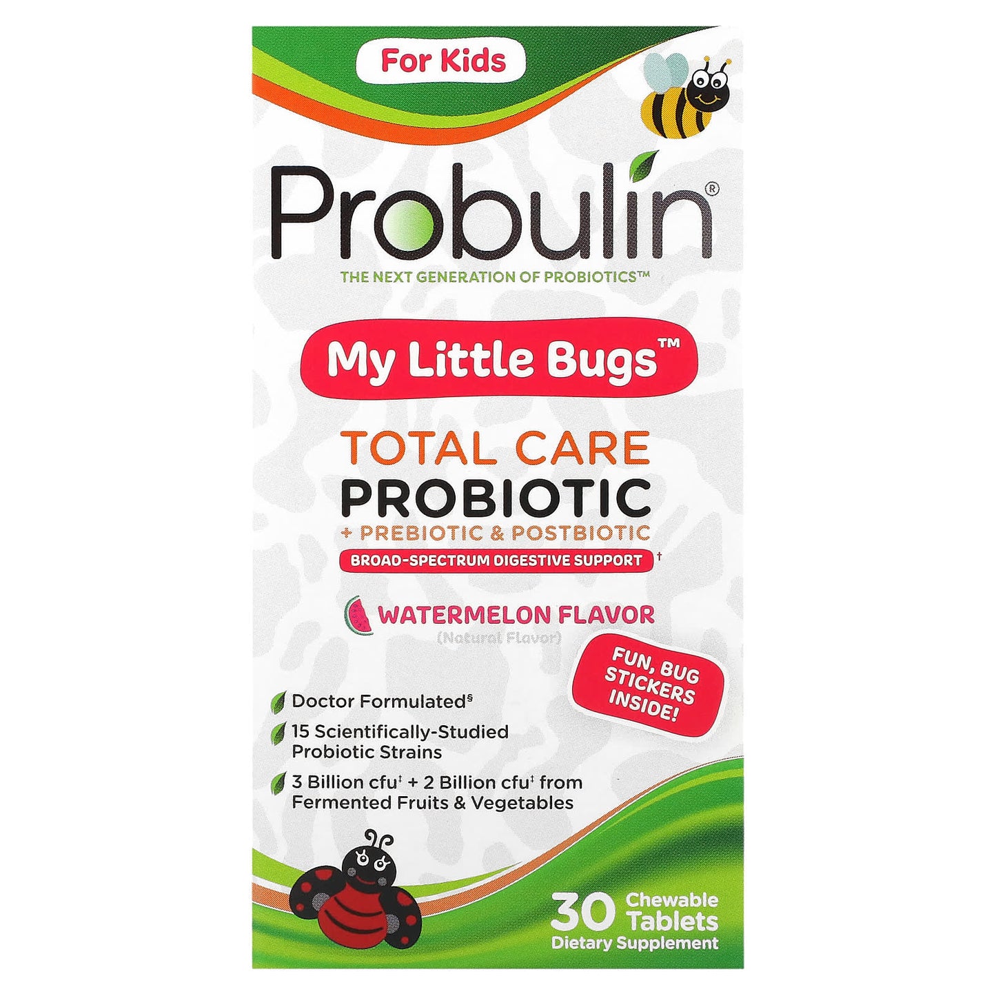 Probulin-For Kids-My Little Bugs-Total Care Probiotic + Prebiotic & Postbiotic-Watermelon-30 Chewable Tablets