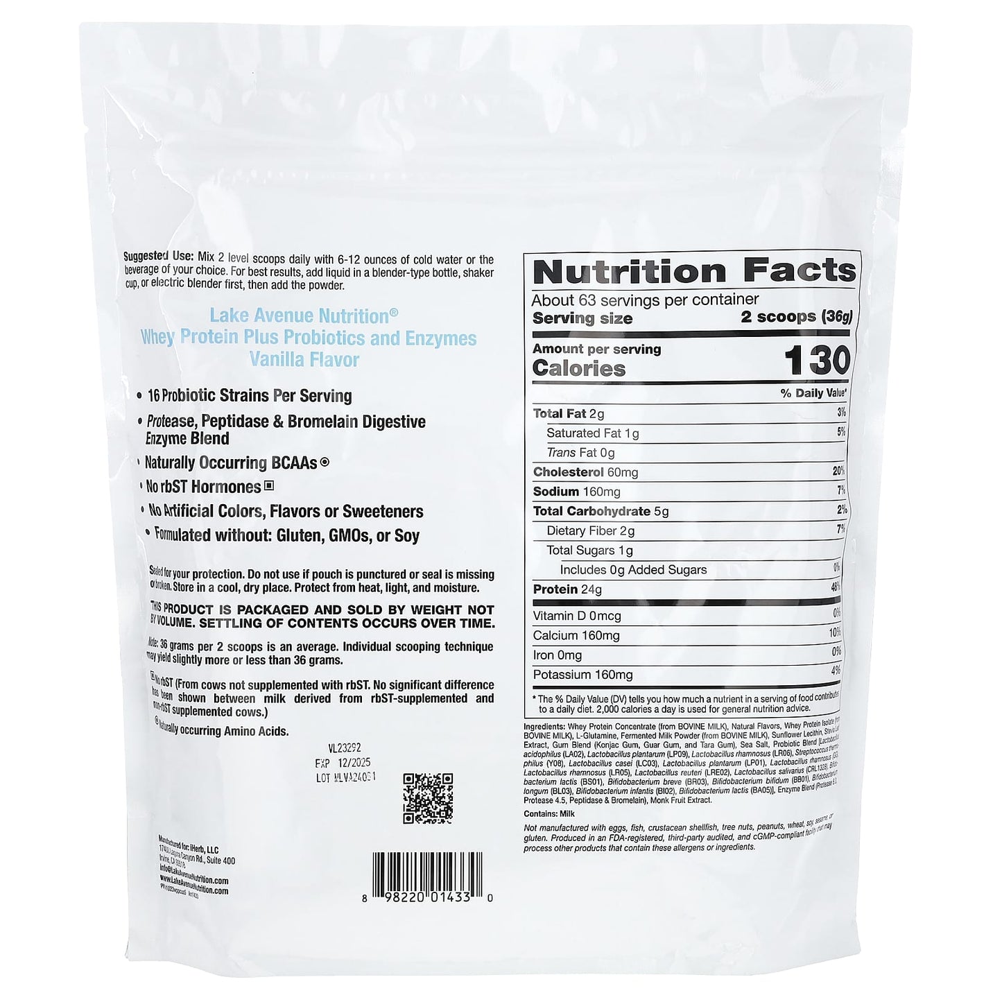 Lake Avenue Nutrition, Whey Protein + Probiotics, Vanilla Flavor, 5 lb (2.27 kg)