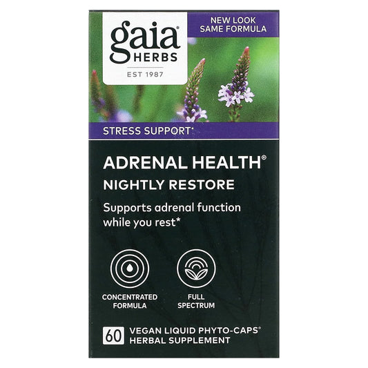 Gaia Herbs-Adrenal Health-Nightly Restore-60 Vegan Liquid Phyto-Caps