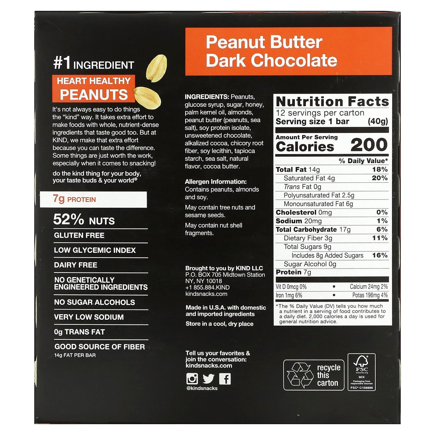 KIND Bars, Protein Bars, Peanut Butter Dark Chocolate, 12 Bars, 1.4 oz (40 g) Each