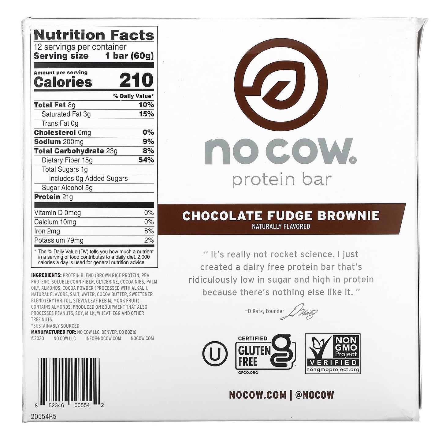 No Cow, Protein Bar, Chocolate Fudge Brownie, 12 Bars, 2.12 oz (60 g) Each