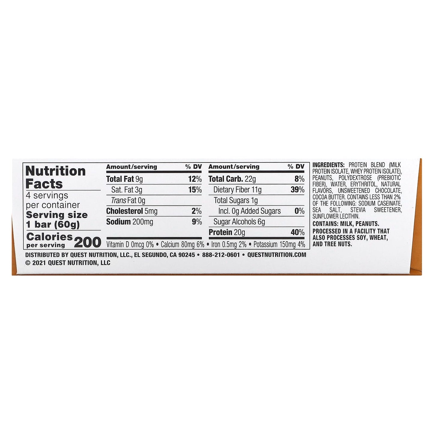 Quest Nutrition, Protein Bar, Chocolate Peanut Butter, 4 Bars, 2.12 oz (60 g) Each