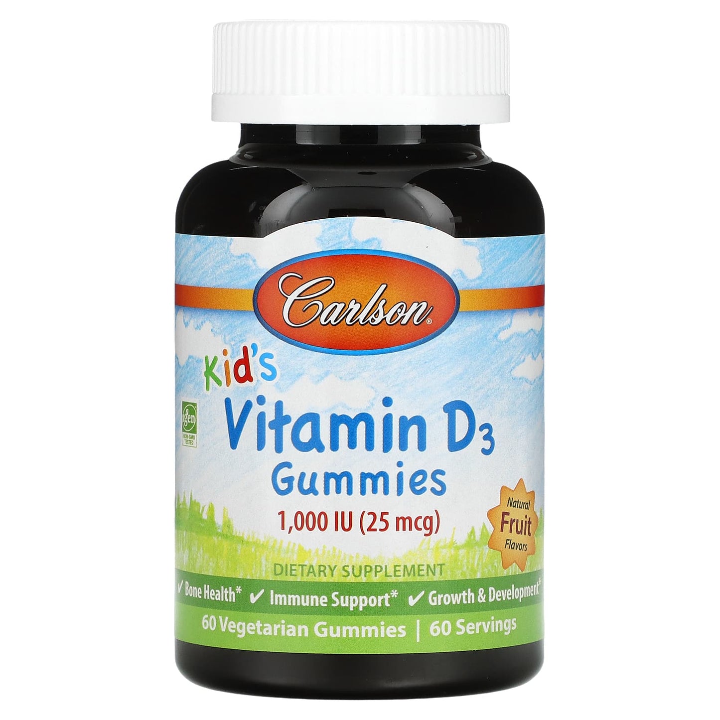 Carlson-Kid's-Vitamin D3 Gummies-Natural Fruit-25 mcg (1,000 IU)-60 Vegetarian Gummies