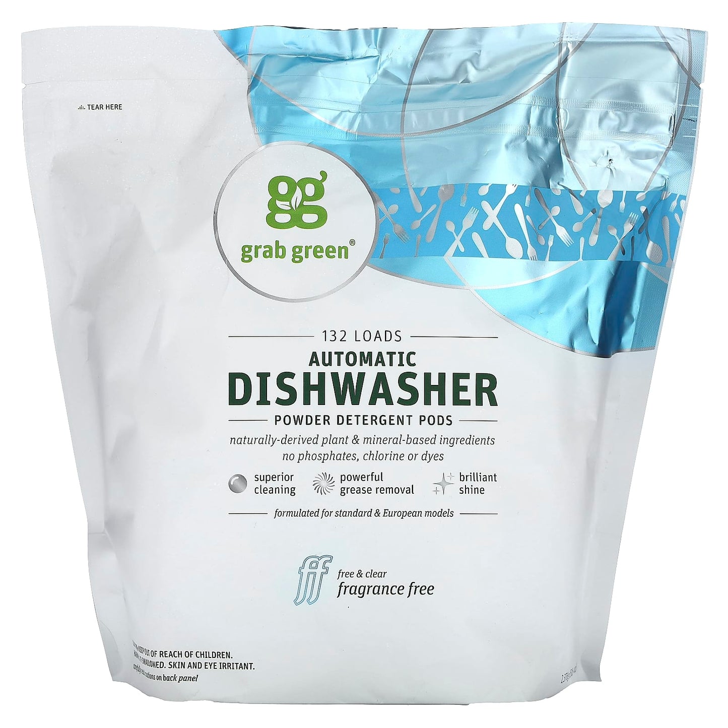 Grab Green-Automatic Dishwasher Powder Detergent Pods-Fragrance Free-132 Pods