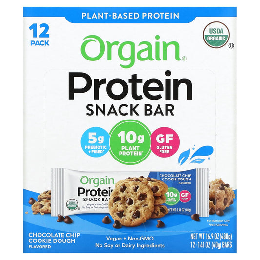 Orgain-Organic Plant-Based Protein Bar-Chocolate Chip Cookie Dough-12 Bars-1.41 oz (40 g) Each