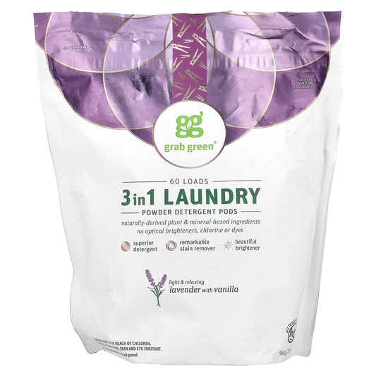 Grab Green-3 in 1 Laundry Powder Detergent Pods-Lavender with Vanilla-60 Loads-2 lbs 2 oz (960 g)