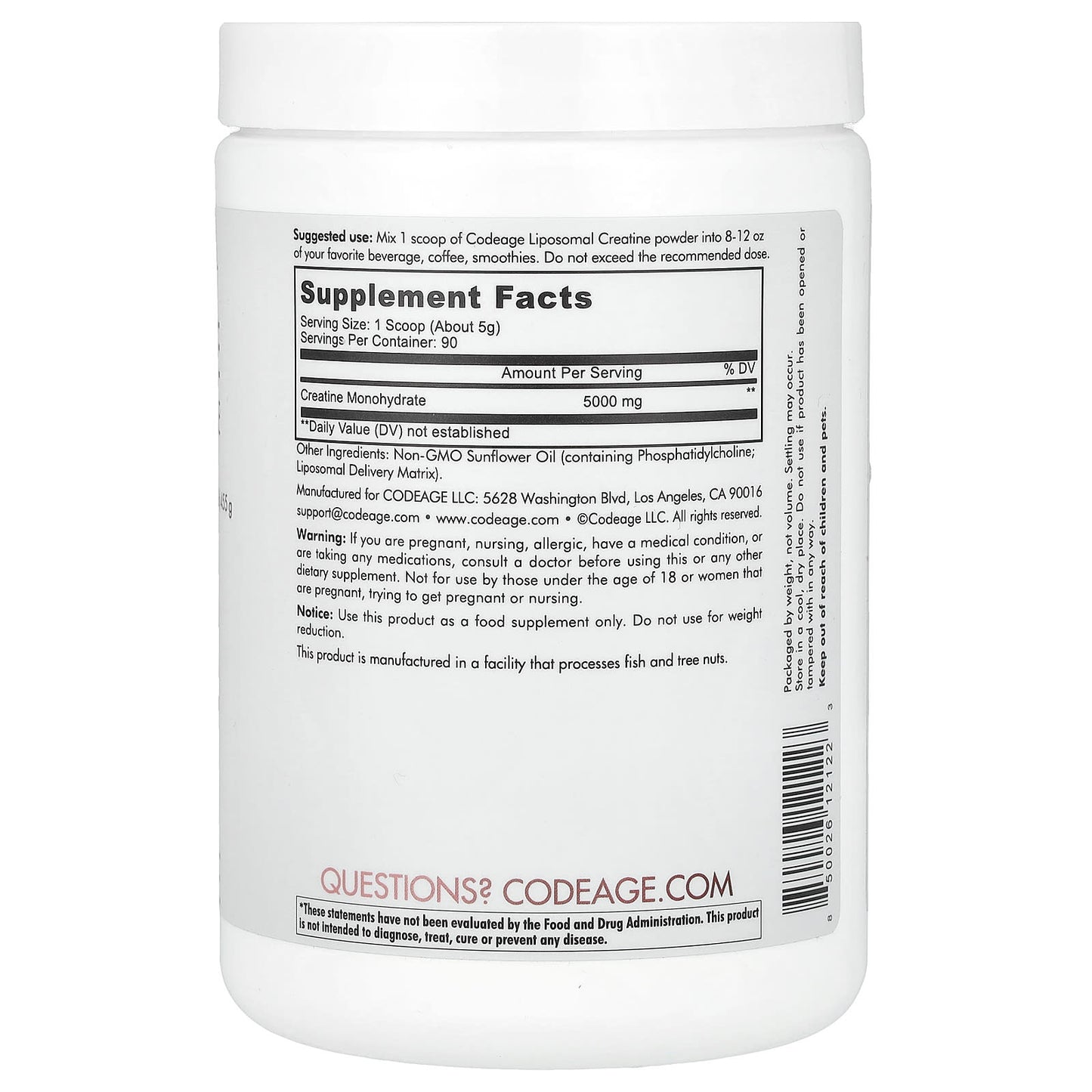 Codeage, Liposomal Creatine Monohydrate Powder, Unflavored, 1 lb (455 g)