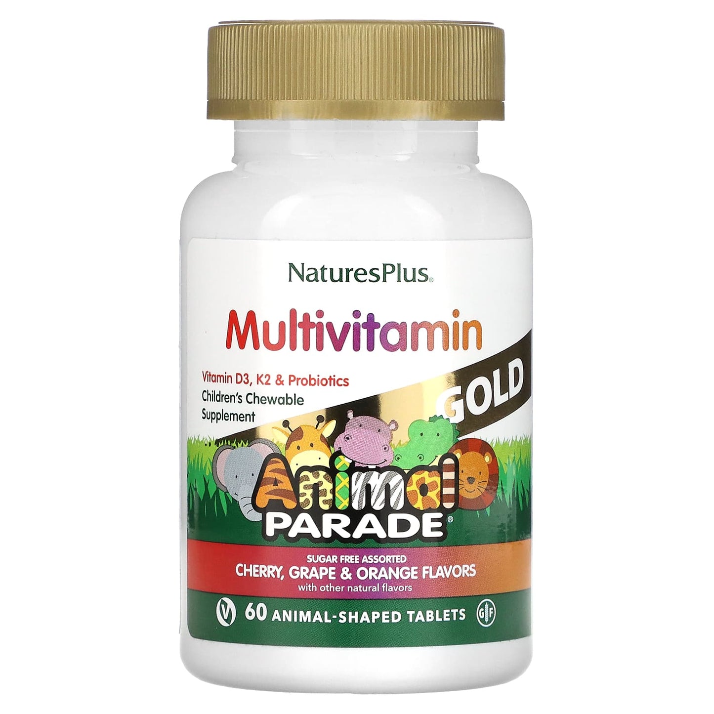 NaturesPlus-Animal Parade Gold-Children's Chewable Supplement-Cherry-Grape & Orange-60 Animal-Shaped Tablets