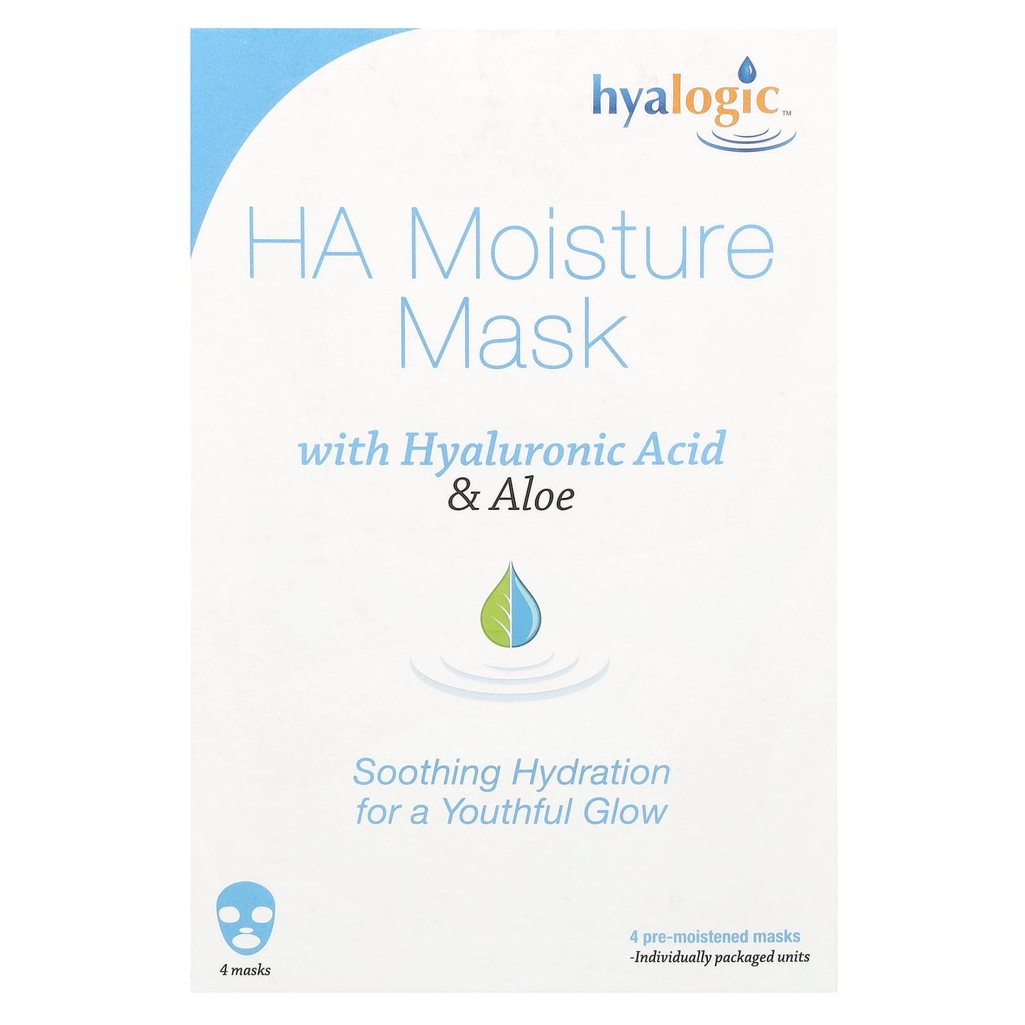 Hyalogic, HA Moisture Beauty Mask with Hyaluronic Acid & Aloe, Fragrance Free, 4 Masks, 0.8 oz Each