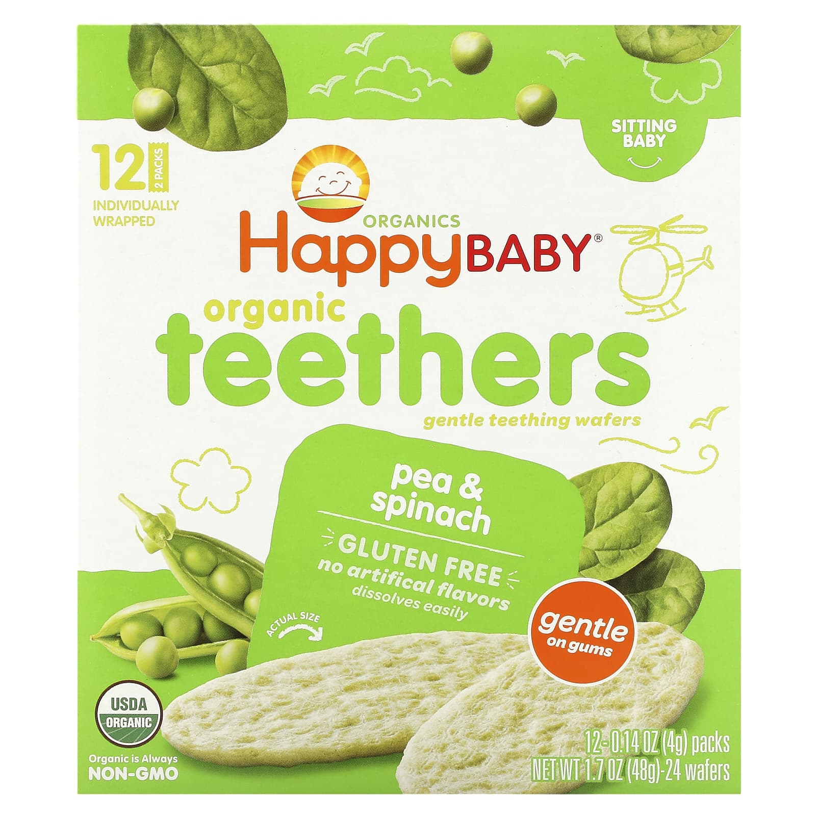 Happy Family Organics-Organic Teethers -Gentle Teething Wafers-Pea & Spinach-12 Packs-0.14 oz (4 g) Each