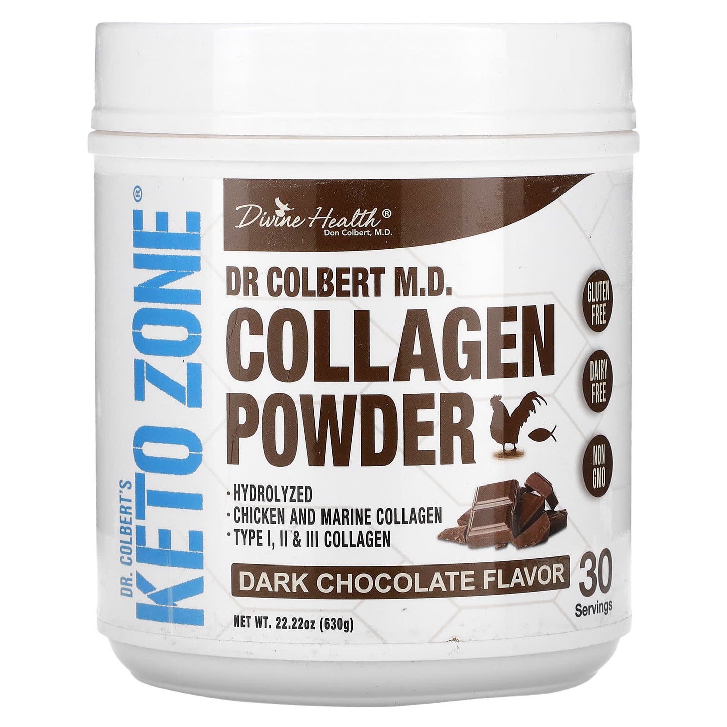 Divine Health-Dr. Colbert's Keto Zone-Collagen Powder-Dark Chocolate-22.22 oz (630 g)