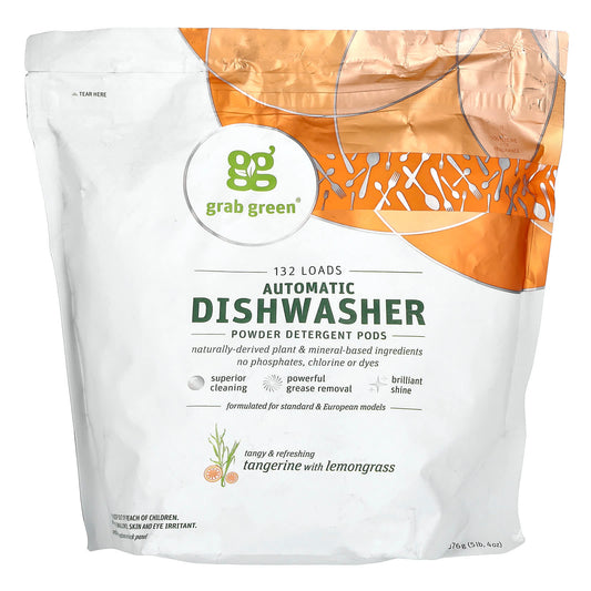 Grab Green-Automatic Dishwashing Powder Detergent Pods-Tangerine with Lemongrass-132 Loads-5 lbs (2376 g)