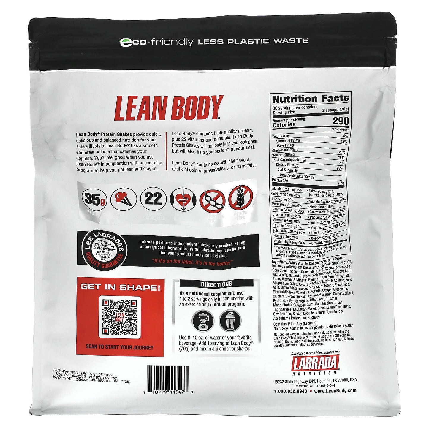 Labrada Nutrition, Lean Body, Protein Shake Drink Mix, Chocolate, 4.63 lb (2,100 g)