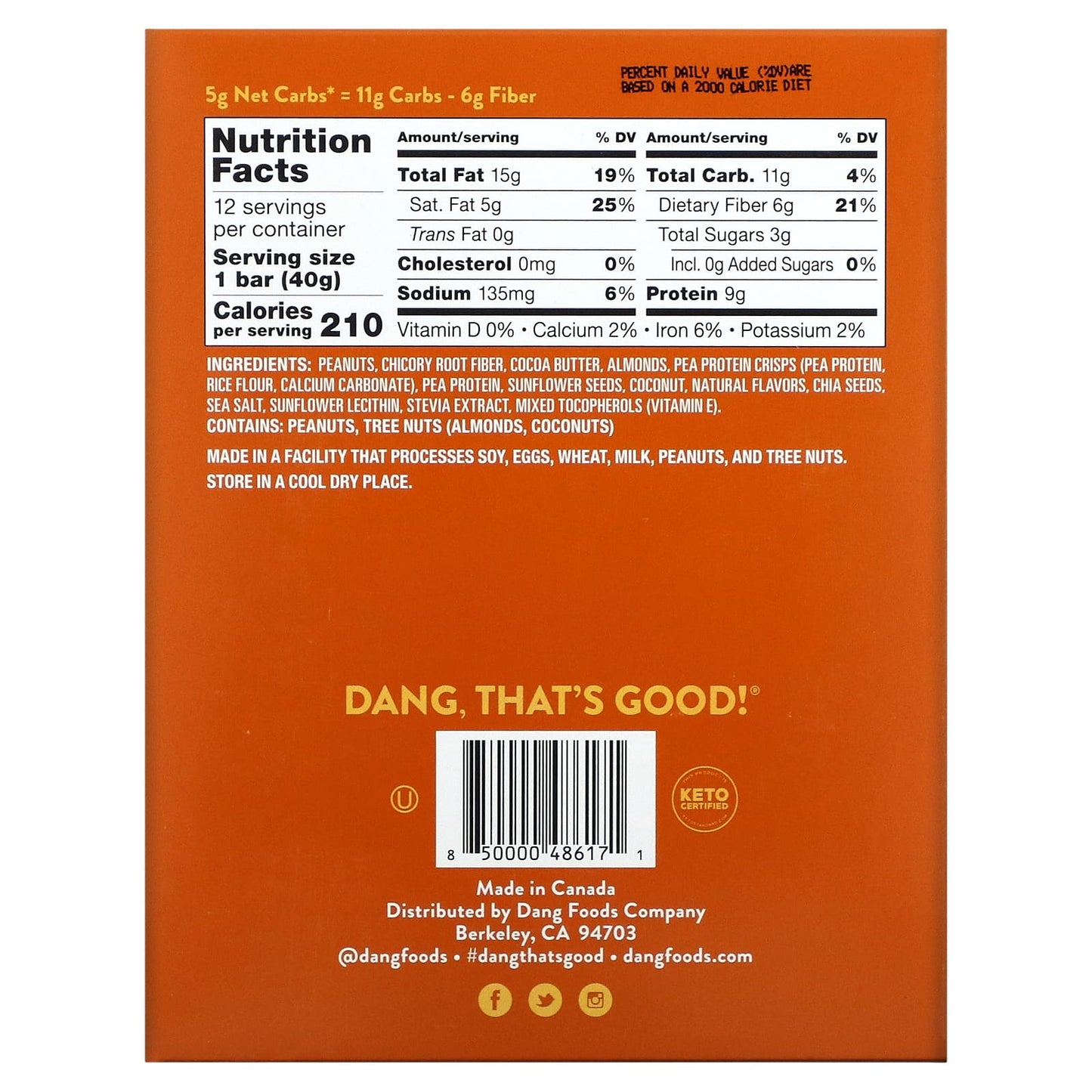 Dang Foods, Keto Bar, Peanut Butter, 12 Bars, 1.4 oz (40 g) Each