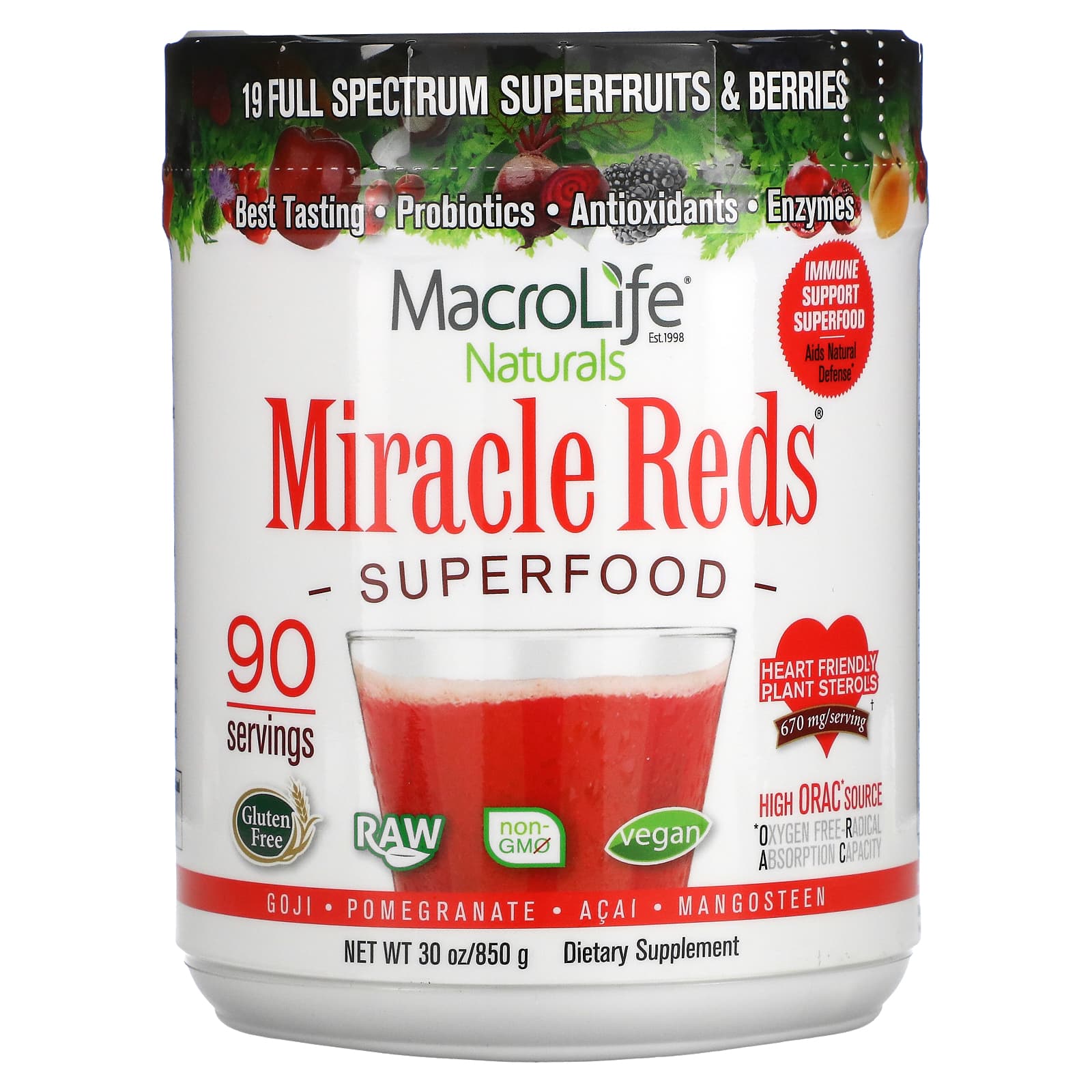 Macrolife Naturals-Miracle Reds-Superfood-Goji-Pomegranate-Acai-Mangosteen-30 oz (850 g)